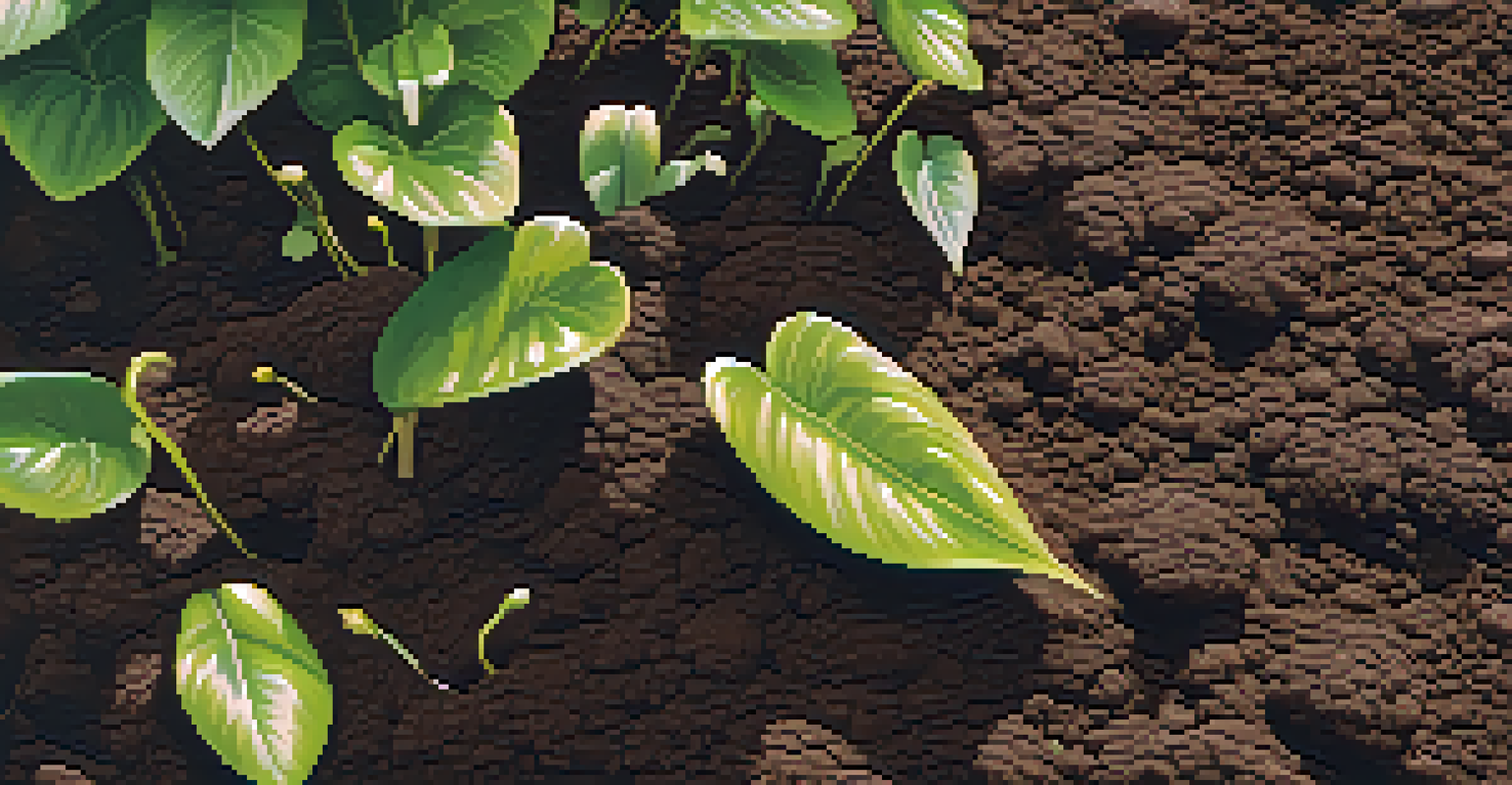 Close-up of rich, healthy soil with small plants, emphasizing water retention and soil management.