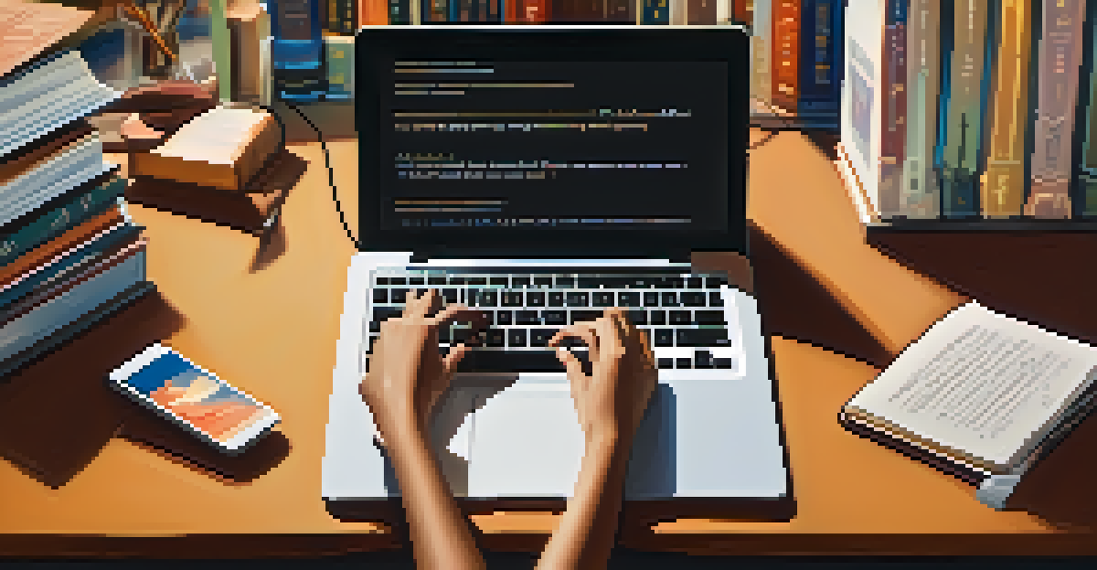 A student's hands on a laptop keyboard, with educational materials surrounding them.