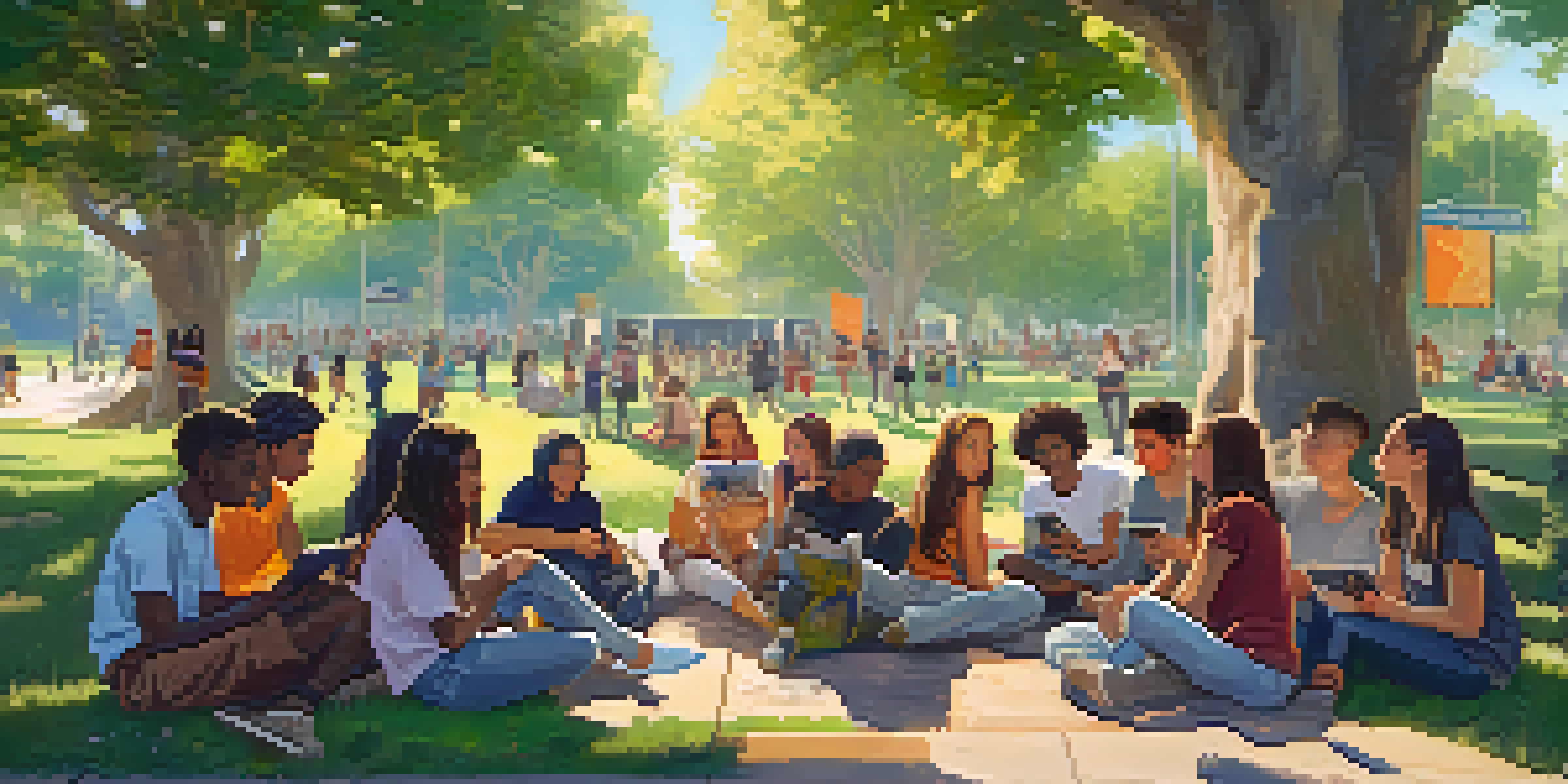 A group of diverse California teens gathered in a park, engaging in digital activism with smartphones and colorful posters under a bright blue sky.