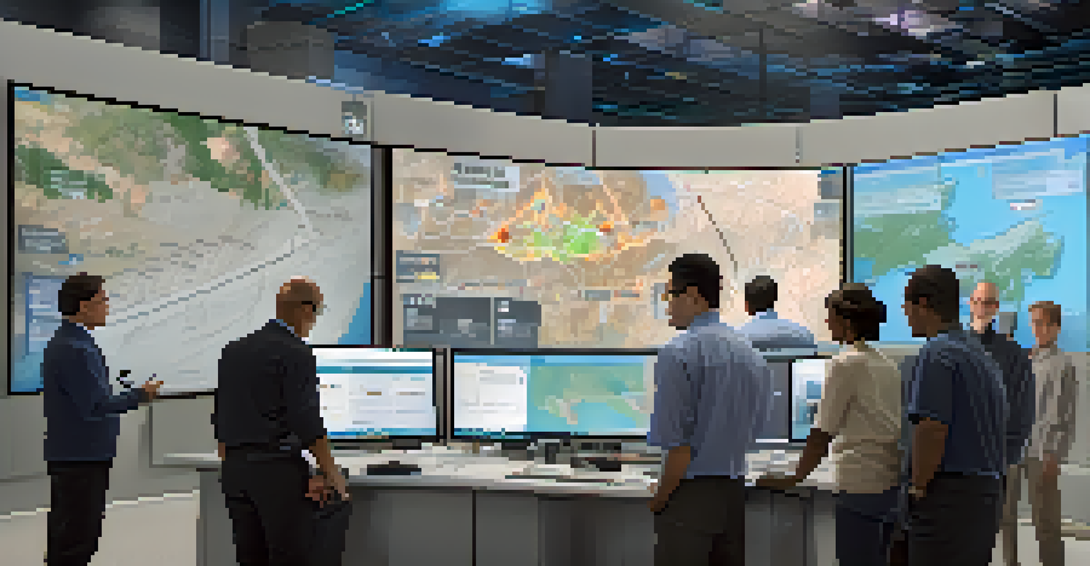 A diverse group of people in a modern emergency operations center, engaging with a digital interface of an earthquake early warning system.