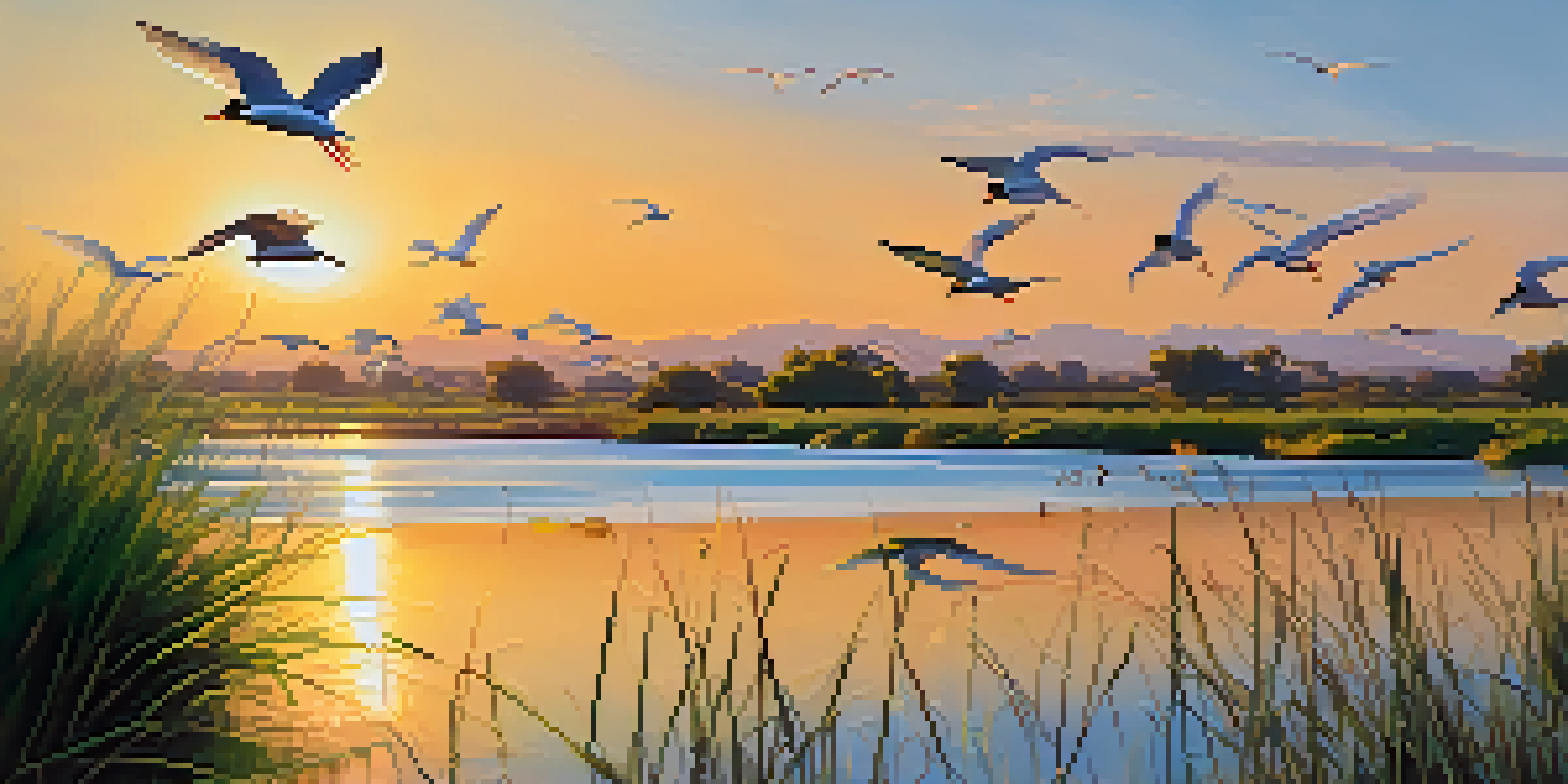 A peaceful wetland scene with green plants and birds, including the California least tern, under a sunset sky.