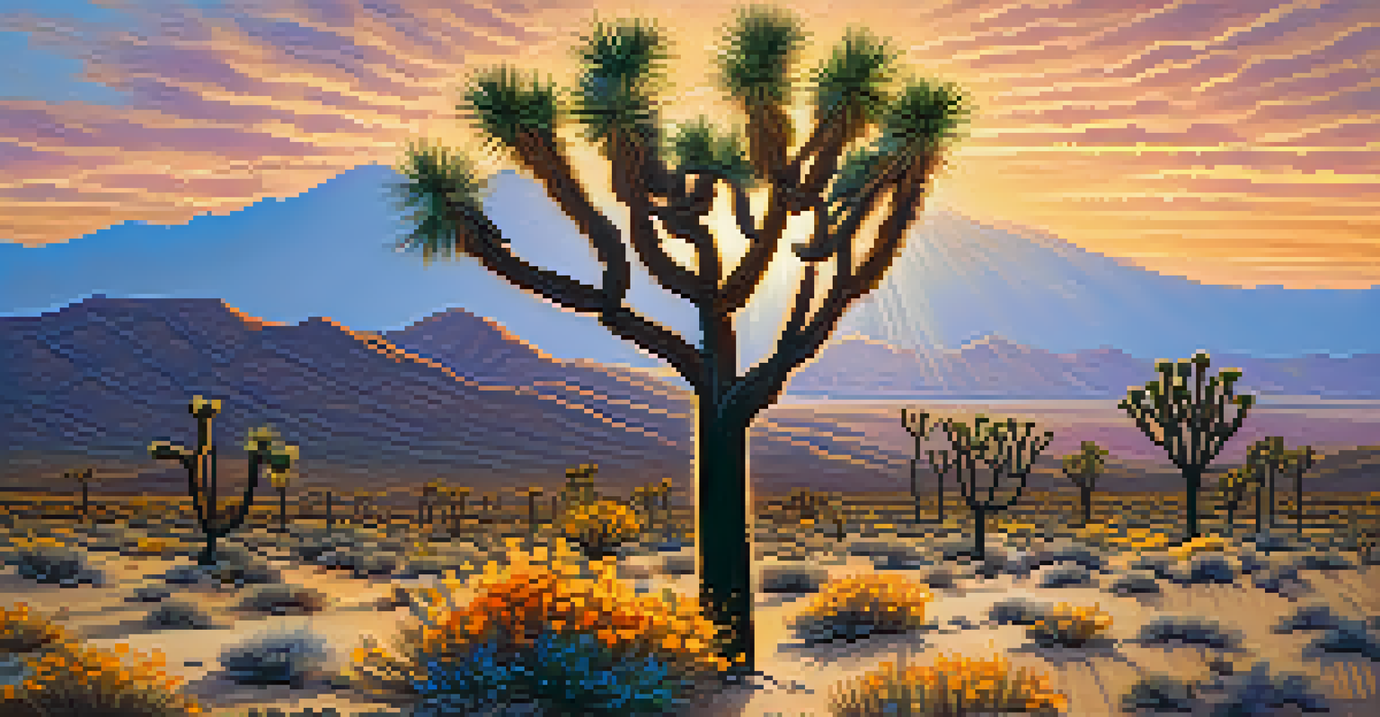 Desert landscape in the Mojave Desert with Joshua trees and blooming wildflowers at sunset.