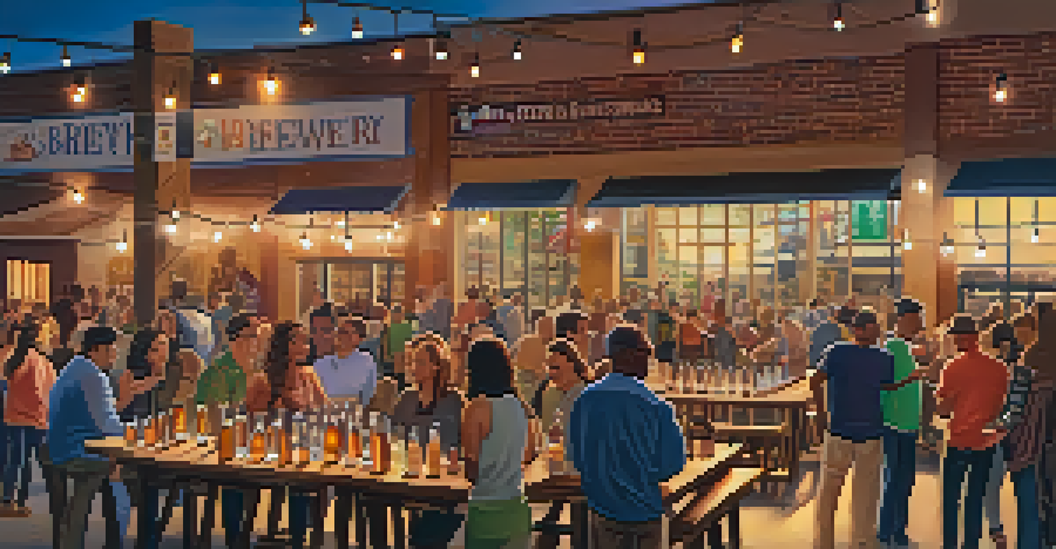 A community event at a local brewery with people enjoying craft beer and snacks, surrounded by banners promoting sustainability.
