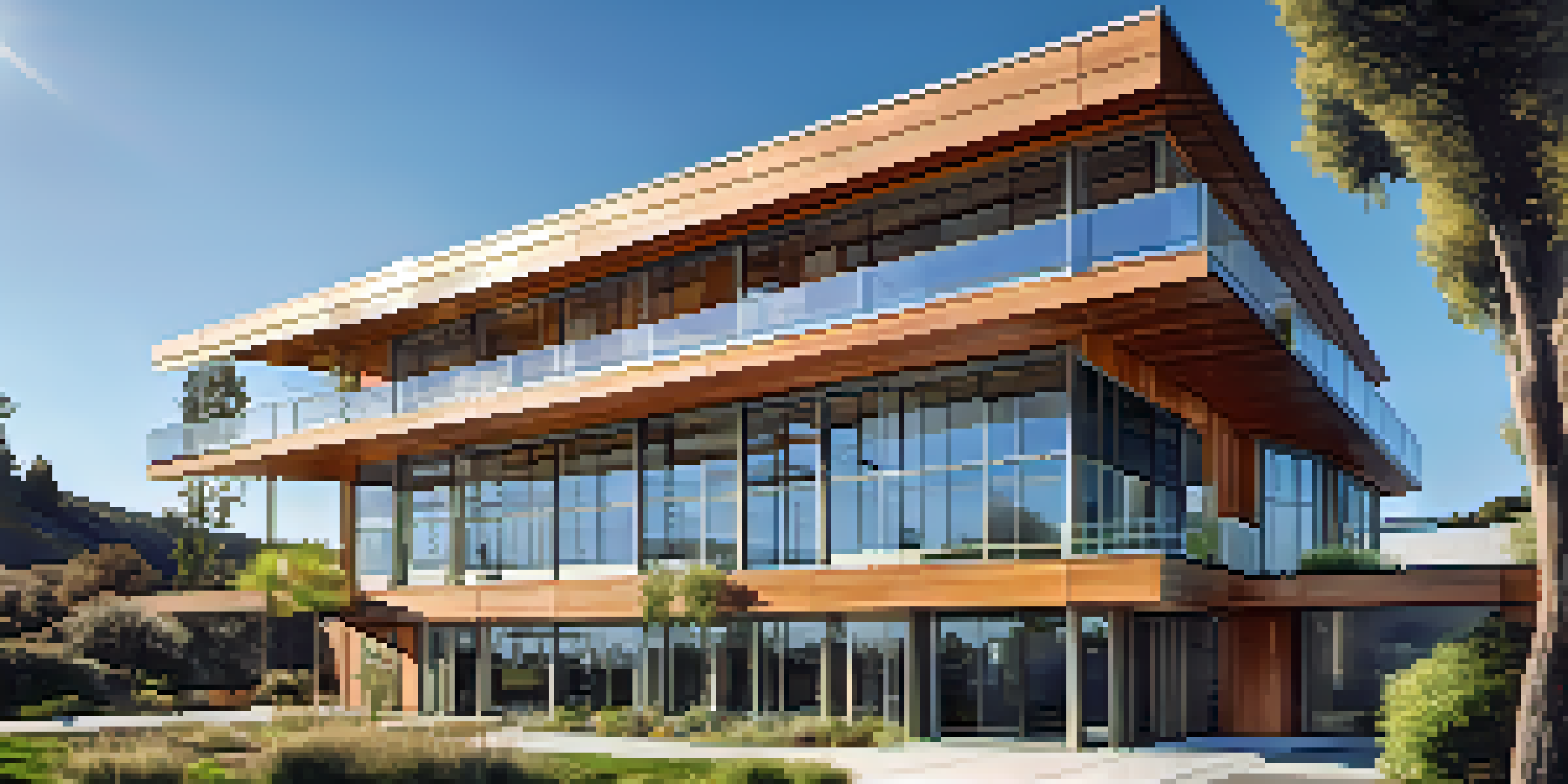 A modern Zero Energy Building with solar panels, large windows, and greenery, illuminated by warm sunlight under a blue sky.