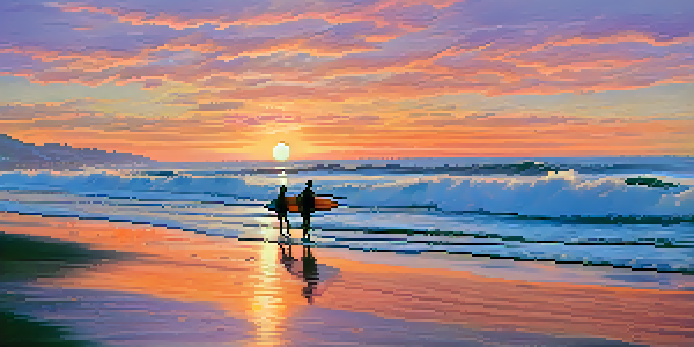 Surfers riding waves at Malibu beach during a vibrant sunset, with colorful sky and the coastline in the background.