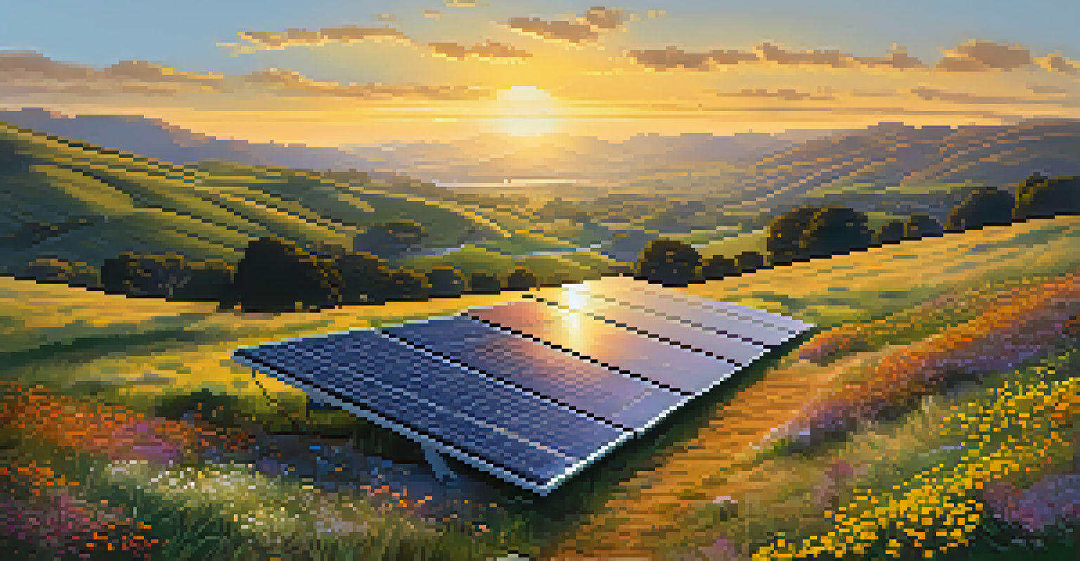 A peaceful landscape with solar panels and wildflowers, illustrating California's sustainability in technology.