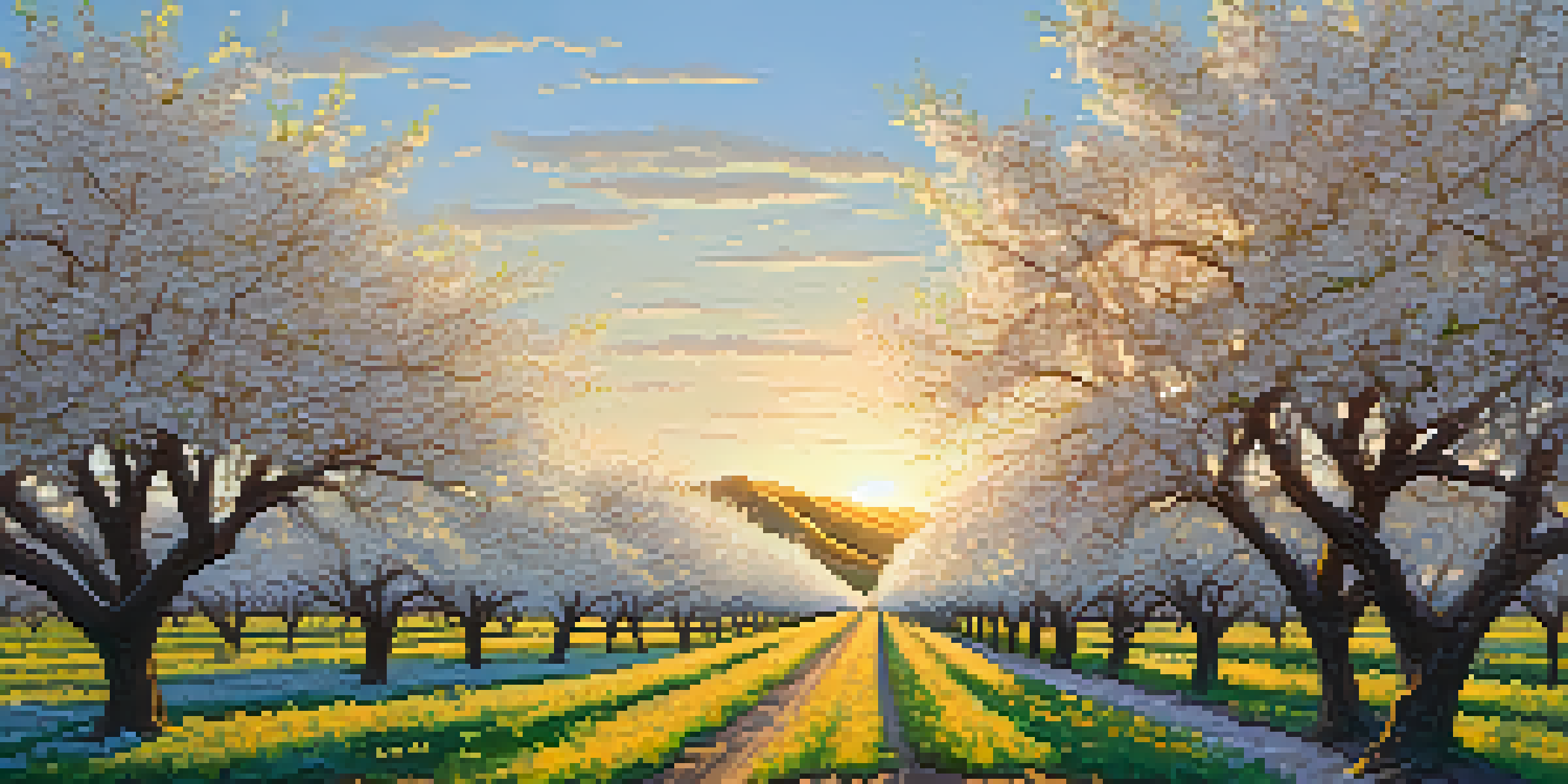 A beautiful California almond orchard with blooming trees under the warm golden hour light, featuring rolling hills in the background.