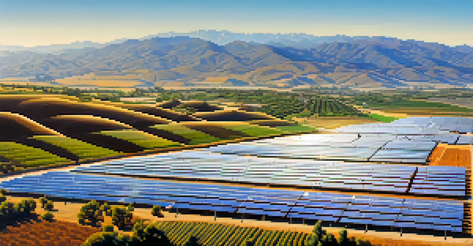 An aerial view of a solar farm in California with rows of solar panels, surrounded by hills and a blue sky, showcasing renewable energy development.