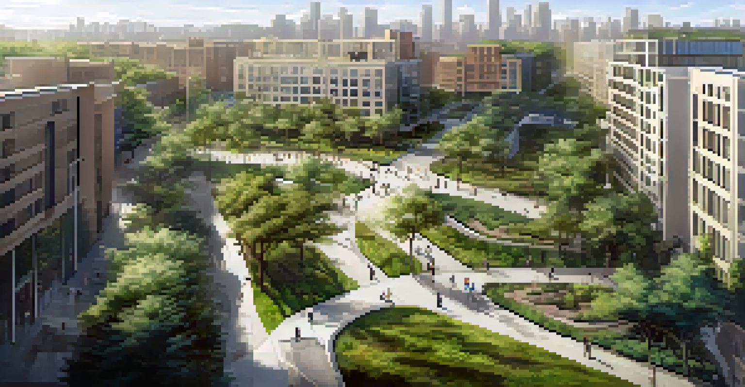 Aerial view of a wildlife corridor connecting green spaces in an urban area, with trees and shrubs lining the pathway.