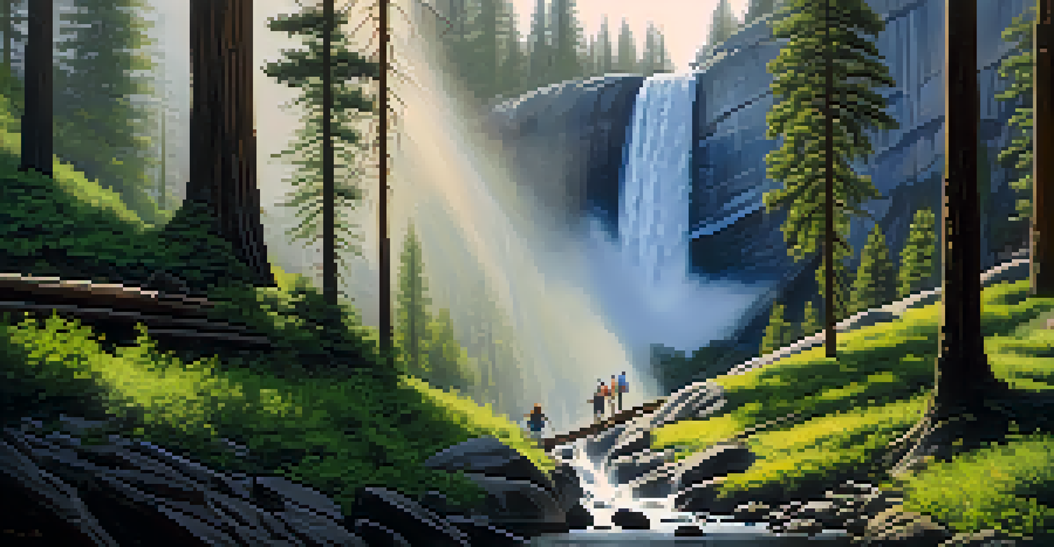 Hikers on the Mist Trail with lush greenery and mist from Vernal Falls creating a refreshing atmosphere under sunlight.