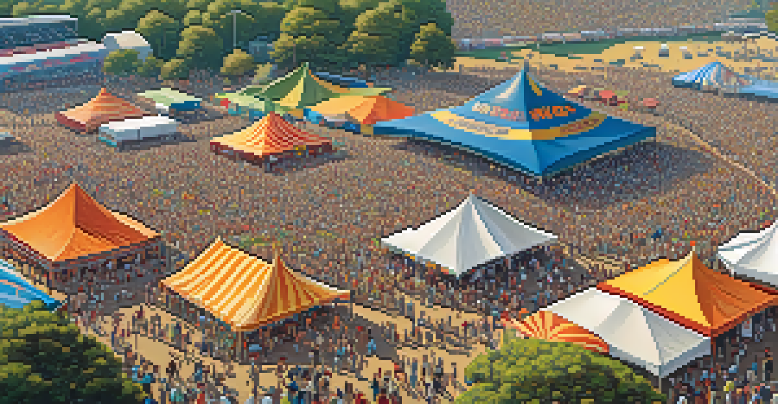 An aerial view of a bustling music festival with a large crowd in front of the main stage, surrounded by colorful tents and a natural landscape.