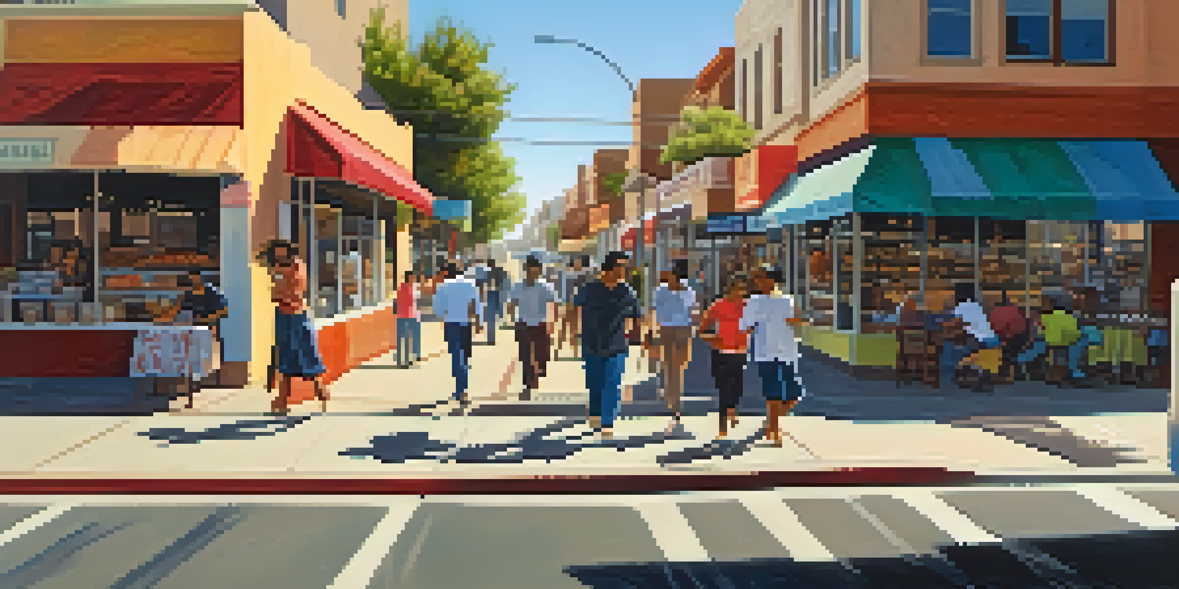 A lively street in California filled with diverse immigrant-owned businesses, showcasing colorful storefronts and people interacting in a sunny setting.