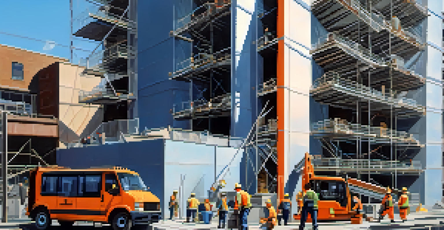 A city skyline featuring retrofitted buildings with construction workers reinforcing structures to enhance earthquake resilience.