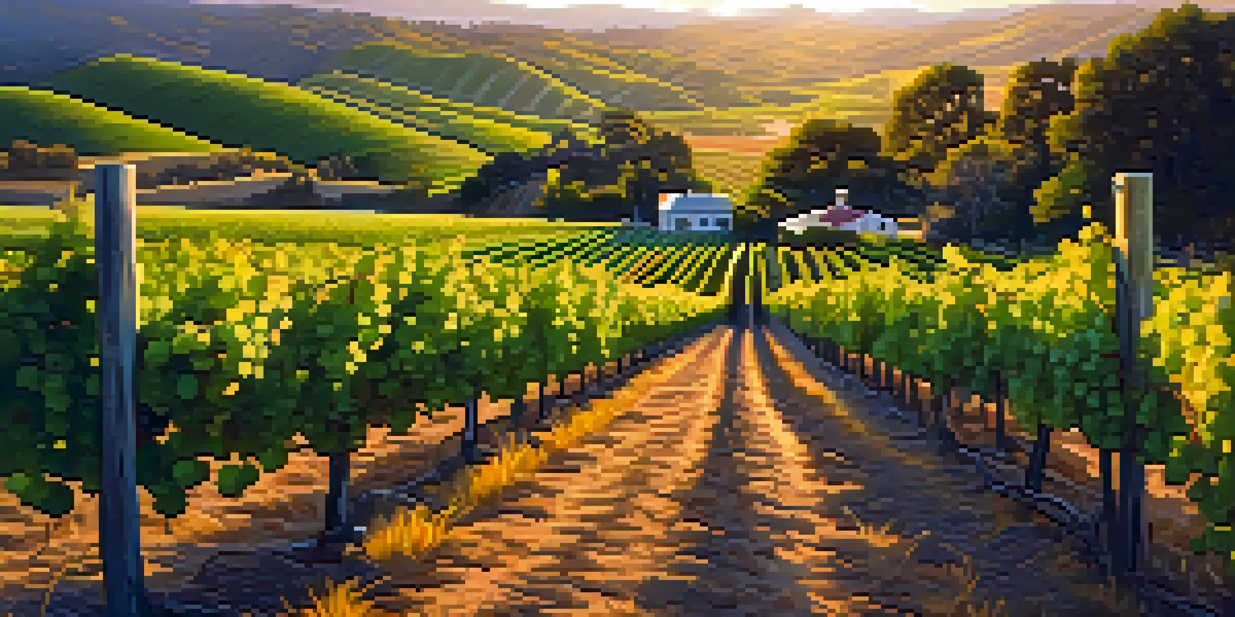 A scenic view of a vineyard in Sonoma County with grapevines and a wooden sign during sunset.