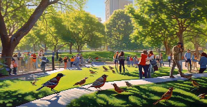 A lively urban park in California filled with blooming flowers and trees, where various birds are visible, and birdwatchers are observing them.