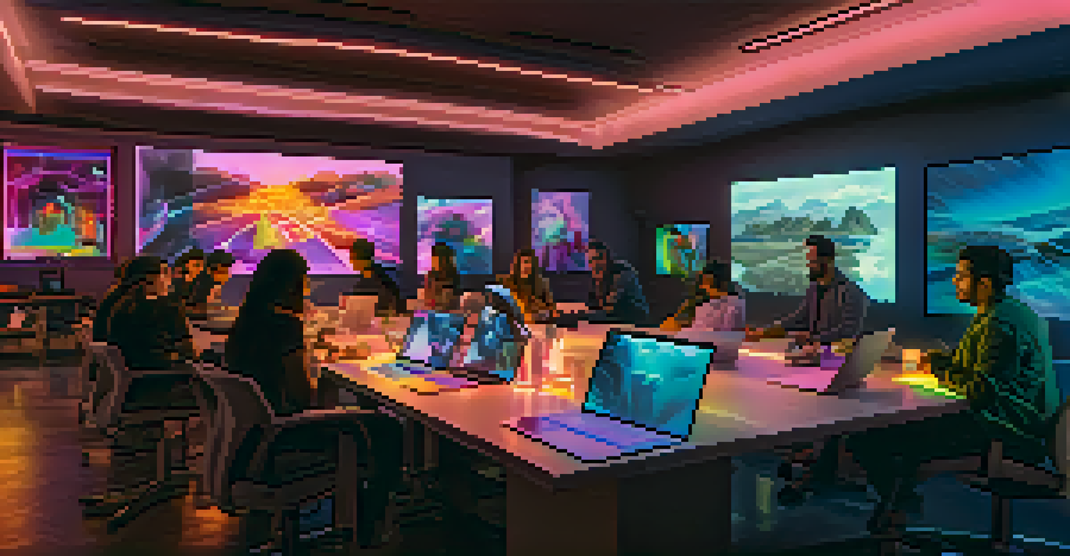 A modern digital art collective workspace with artists collaborating on technology-driven projects in a colorful, illuminated environment.