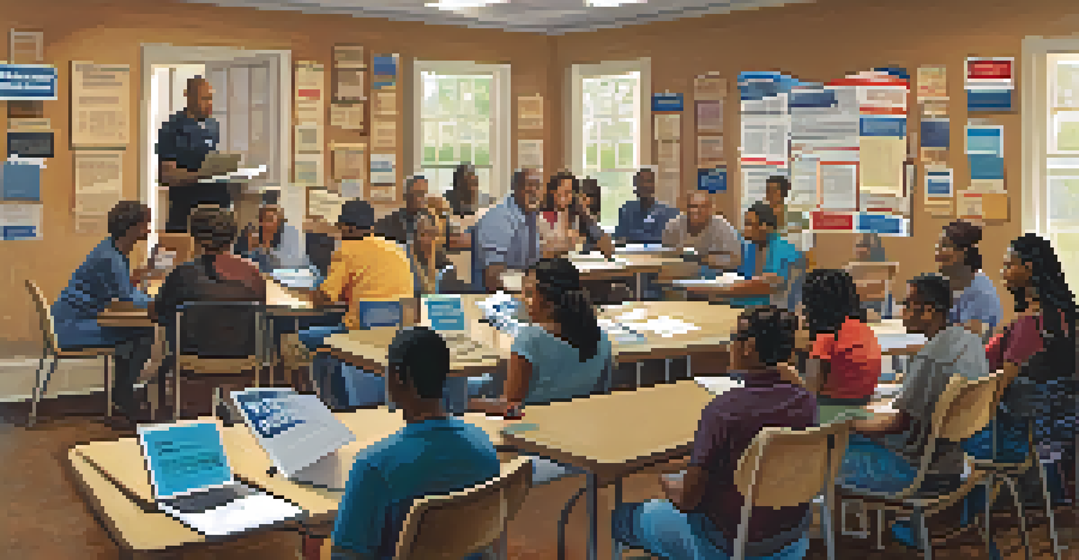 A community workshop on voter registration with a diverse group discussing around a table full of brochures and a laptop, in a warmly lit room.