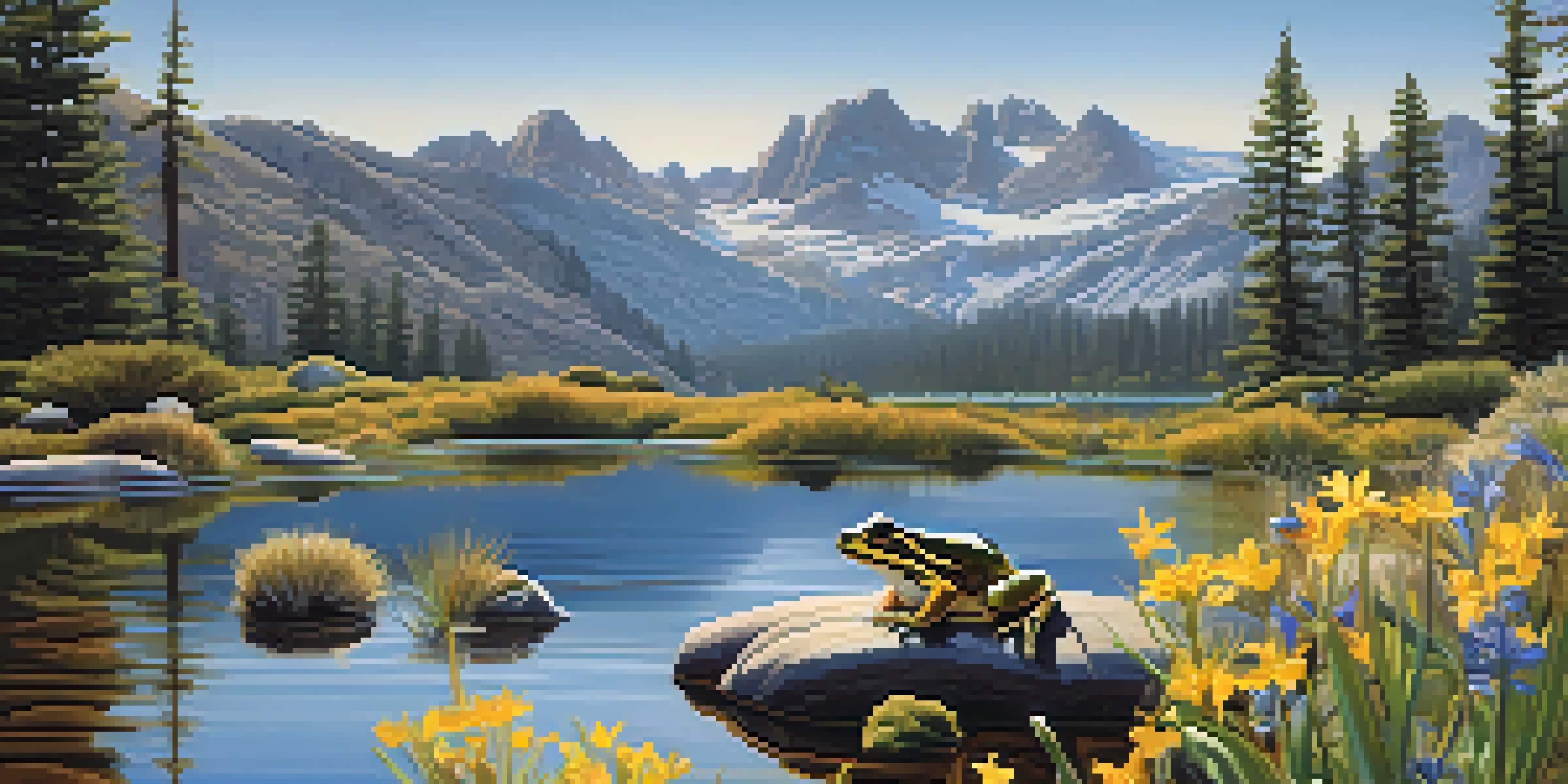 A peaceful mountain landscape with a high-altitude lake, rugged mountains, and a Sierra Nevada yellow-legged frog on a rock.