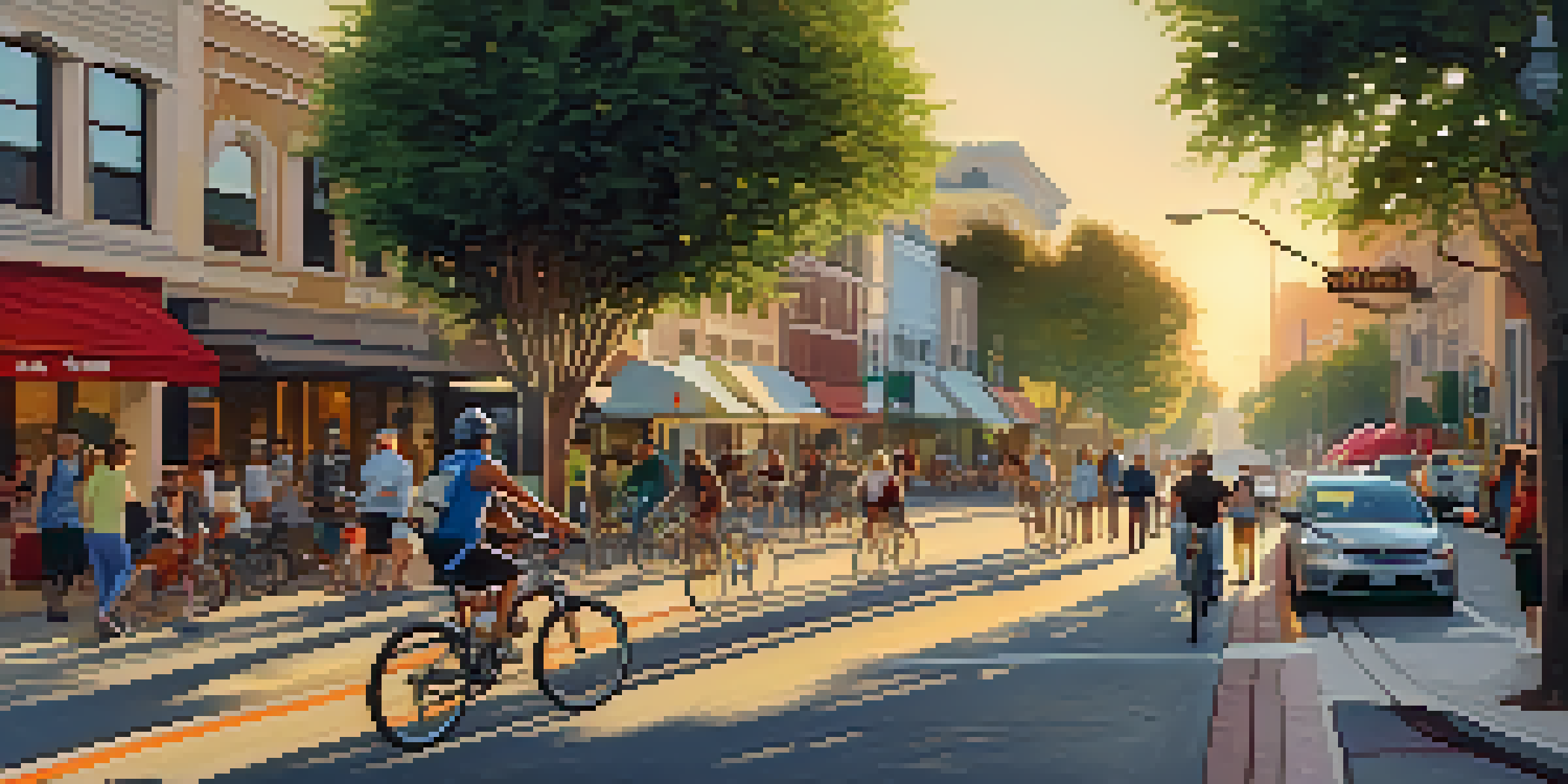 A vibrant California street scene with diverse people engaging in activities, modern and older buildings, and colorful murals in a warm sunset light.