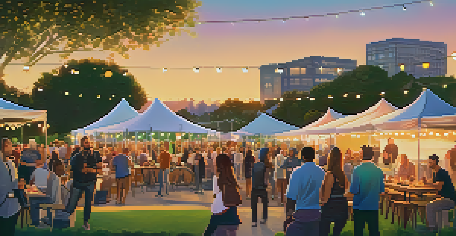 Entrepreneurs and investors networking outdoors at a California event, with food trucks and string lights under a sunset sky.