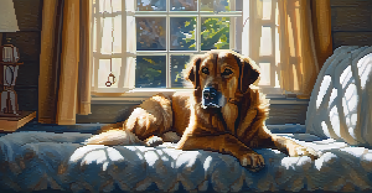 An older dog resting on a soft blanket in a warm home, with natural light creating a peaceful atmosphere.