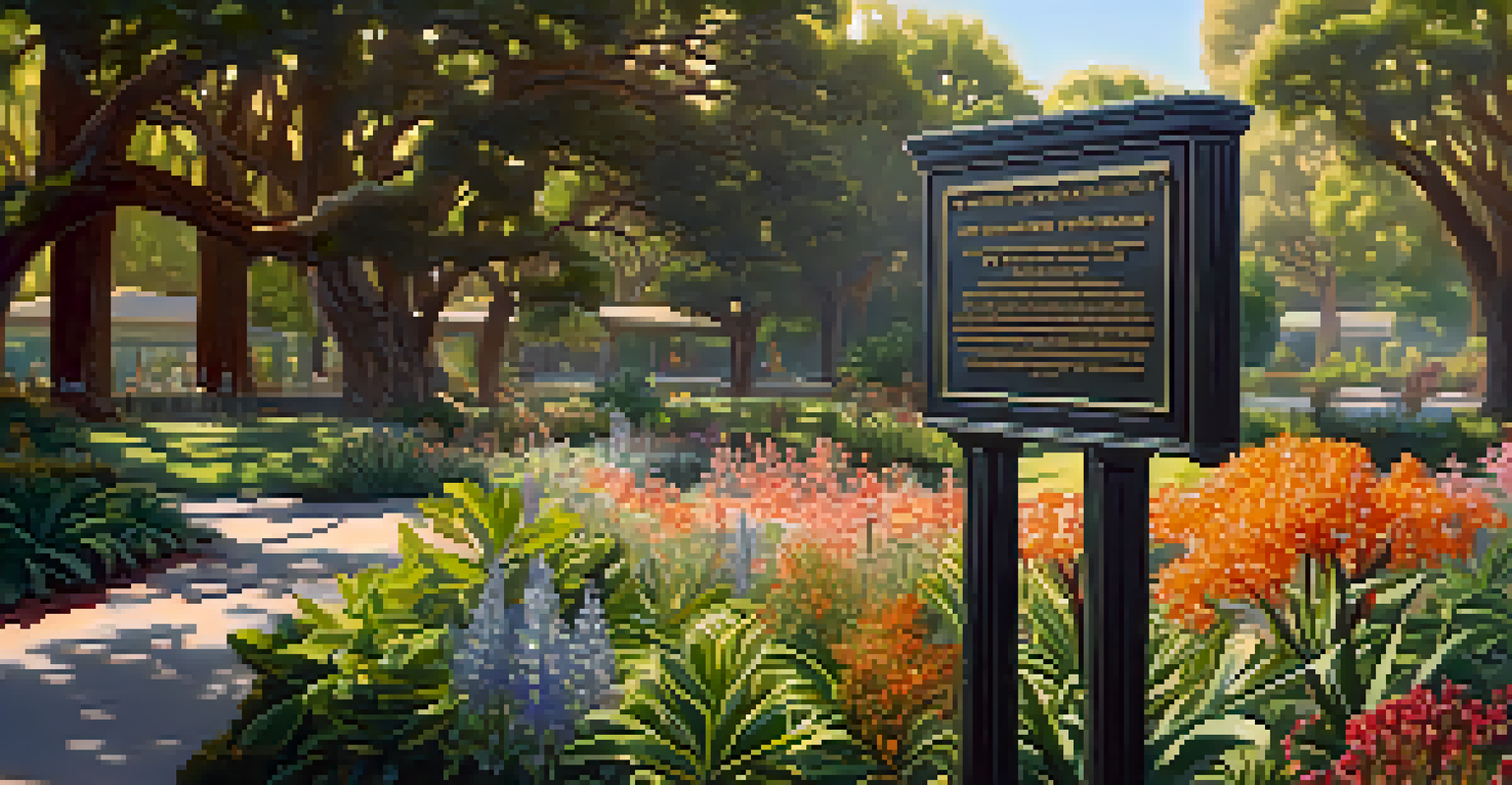 Close-up of a historical marker for Southern Pacific Railroad in a park, surrounded by greenery and sunlight.