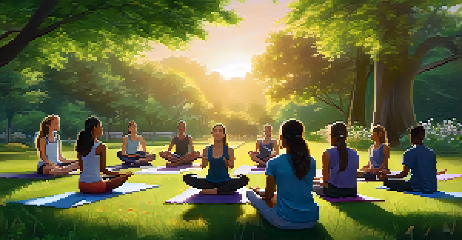 Teenagers engaging in a mindfulness workshop outdoors in a park, surrounded by nature, with a facilitator leading breathing exercises.