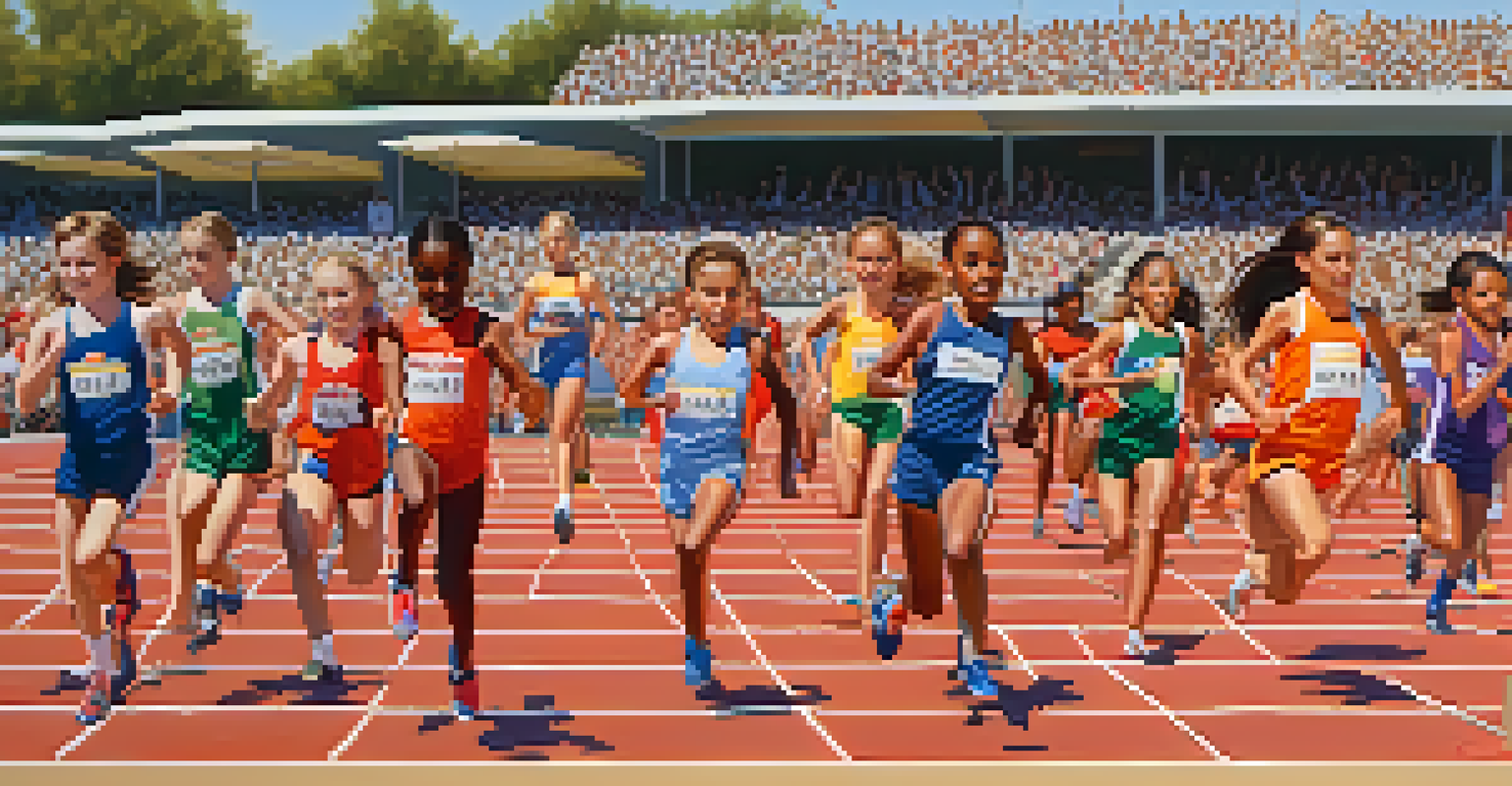 A lively outdoor youth track and field event in California, with young athletes competing and spectators cheering.