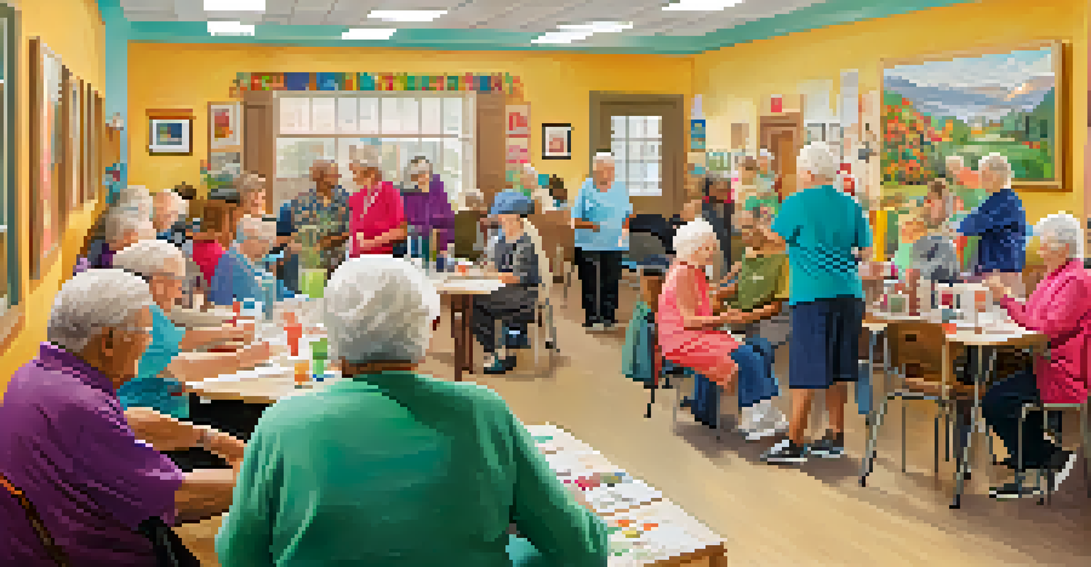 Elderly individuals happily participating in a group activity at a vibrant community center.