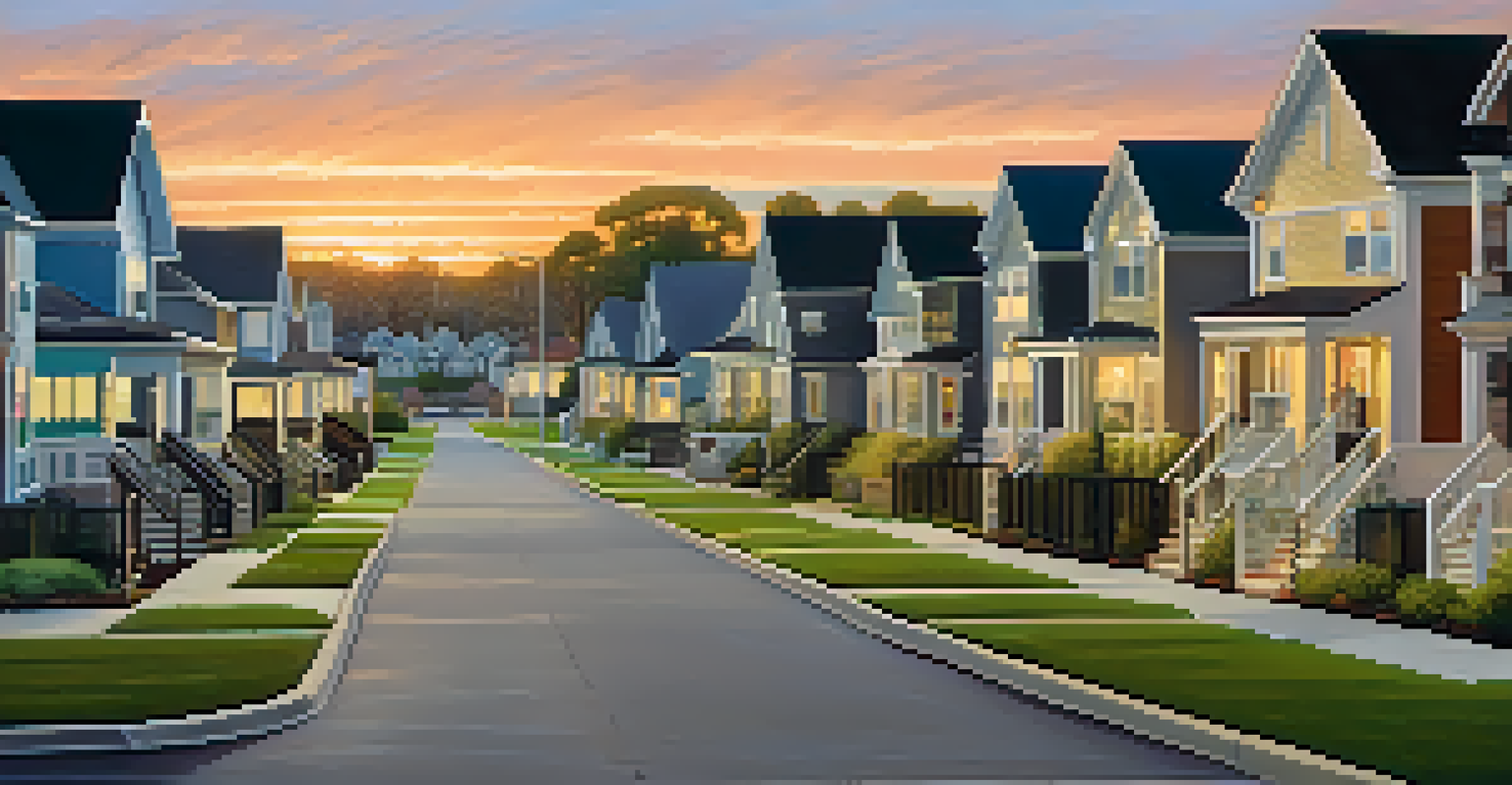 A suburban street with single-family homes on one side and a multi-family housing complex on the other, under a golden sunset sky.