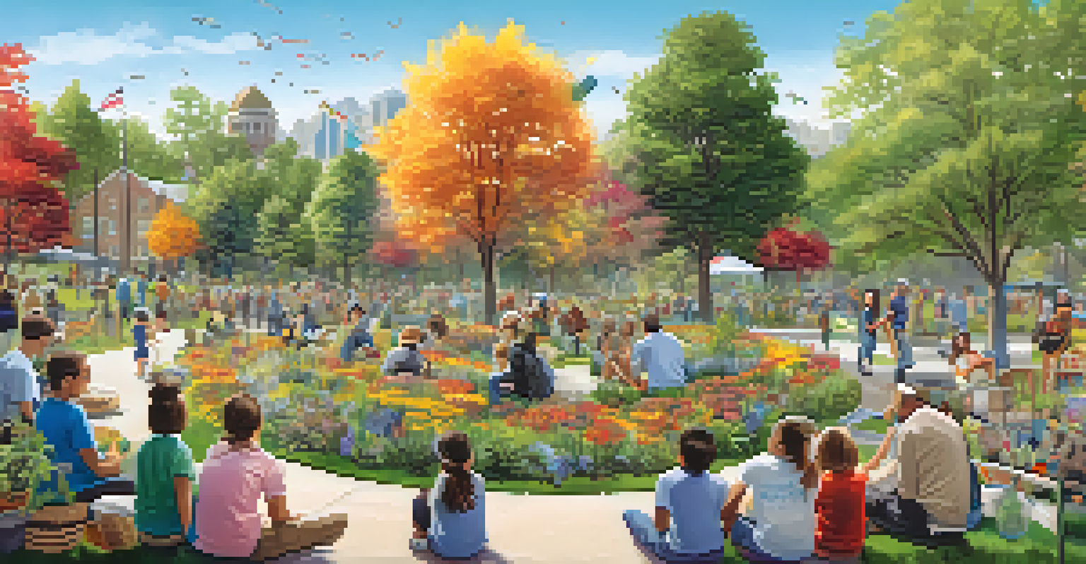 A community event for wildlife conservation with people planting native plants and engaging in educational activities in a park.