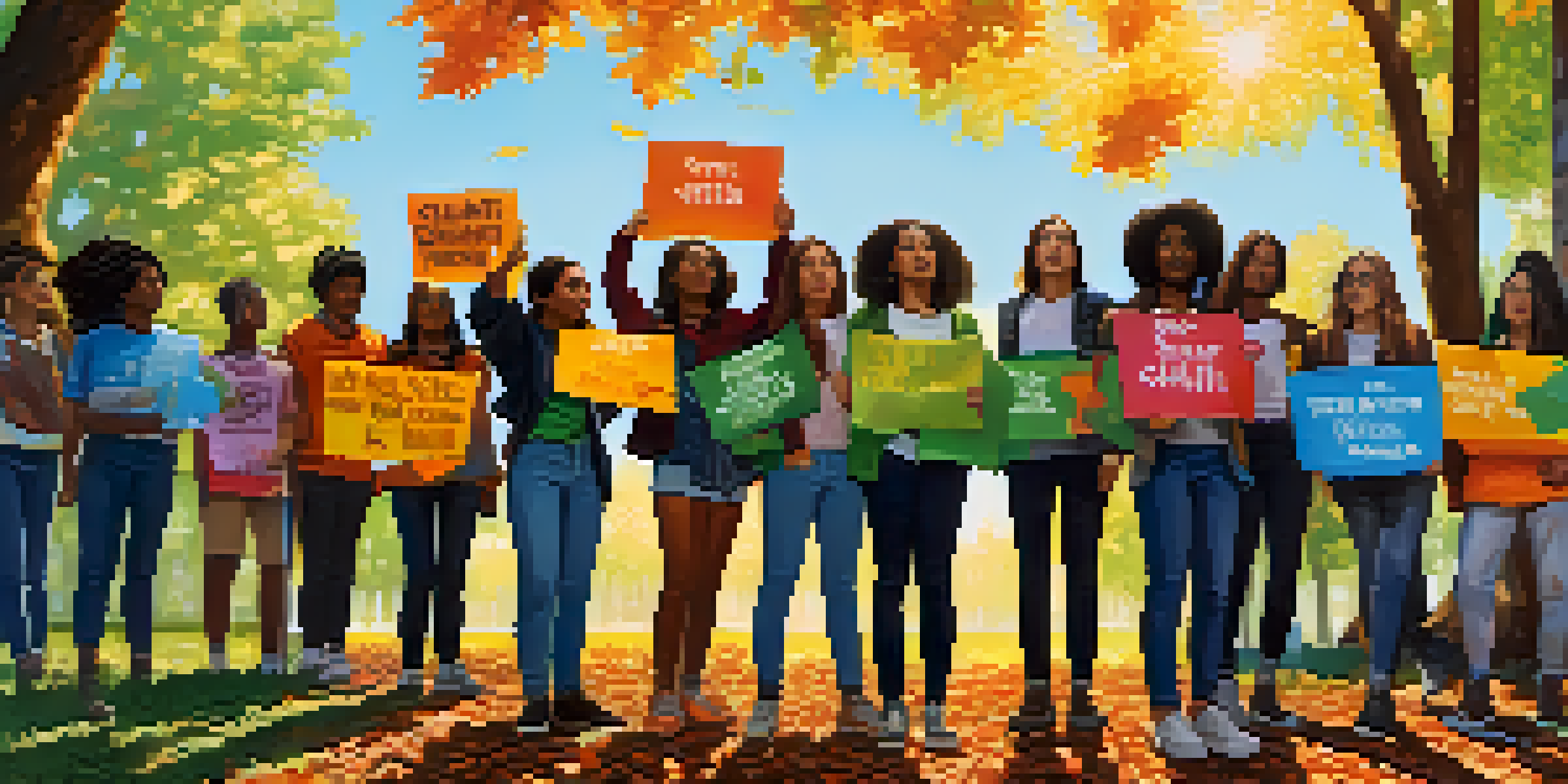 A diverse group of young activists in an urban park holding colorful protest signs for climate action, with sunlight filtering through trees.