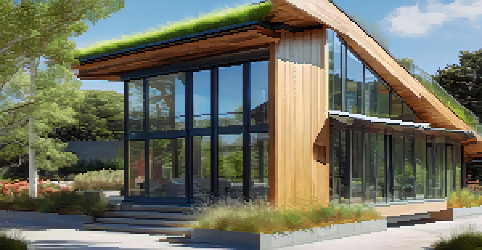 A sustainable building with a green roof and solar panels, surrounded by a landscaped garden.