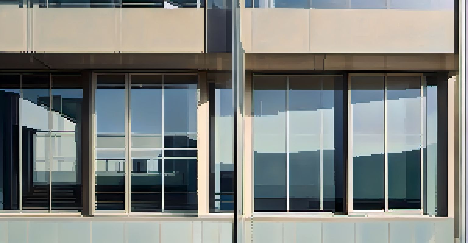 A close-up view of a building showcasing the geometric and minimalist characteristics of the International Style, with large glass windows and steel elements.
