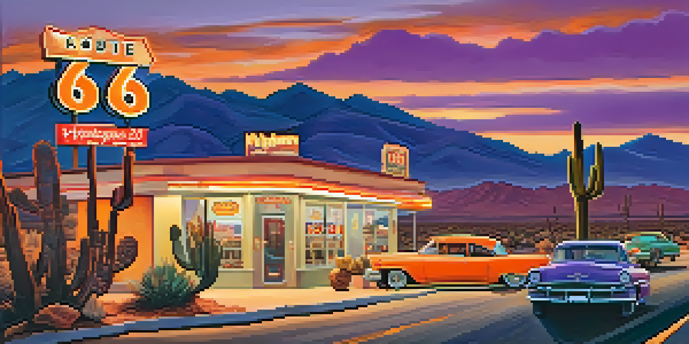 A scenic view of Route 66 in the Mojave Desert during sunset, featuring a classic diner and souvenir shop alongside the highway.