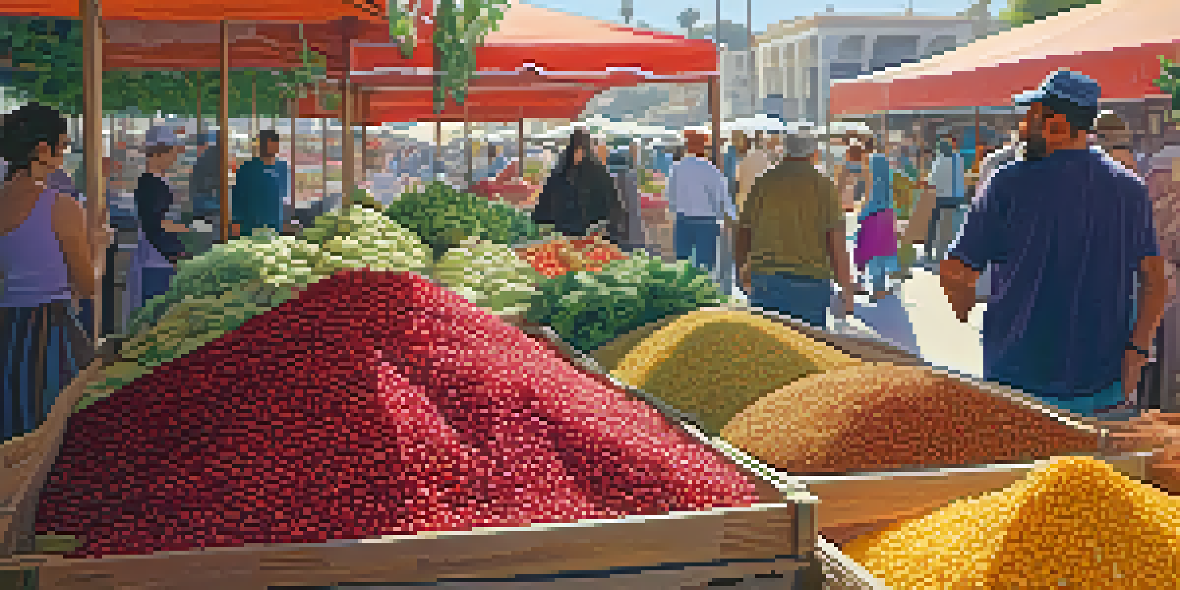 A lively farmers' market filled with fresh produce, including pomegranates and eggplants, with shoppers and a vendor displaying Middle Eastern spices.