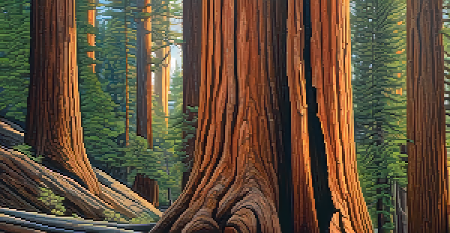 Close-up of the thick, ridged bark of a Giant Sequoia tree, with sunlight highlighting its textures.