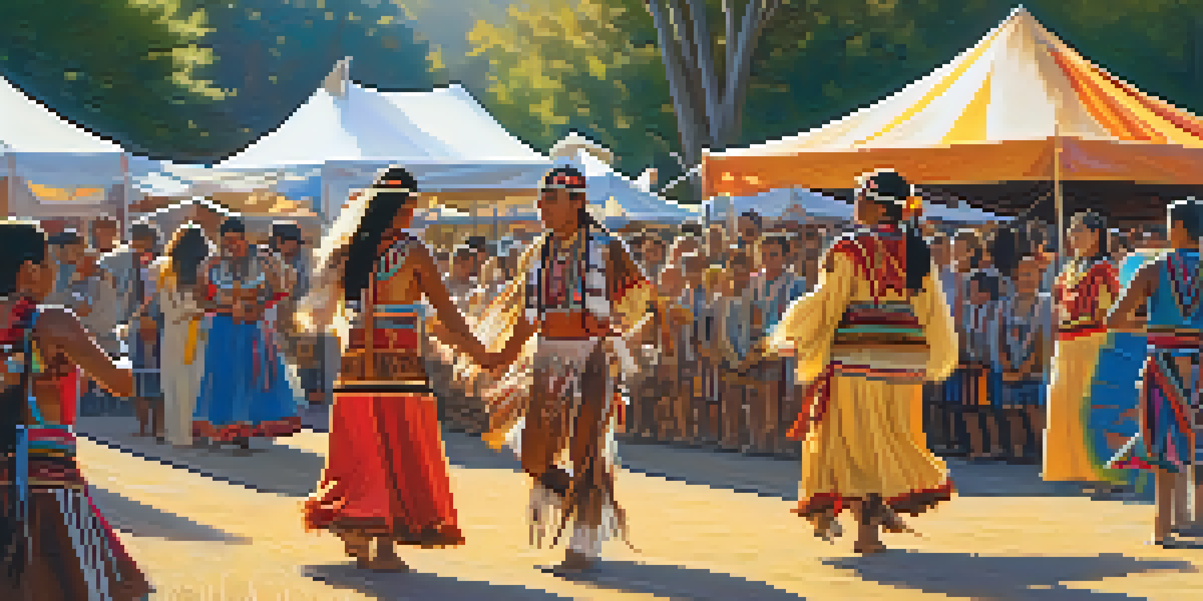 A lively festival celebrating California Native American culture with dancers in traditional attire, colorful decorations, and sunlight filtering through trees.