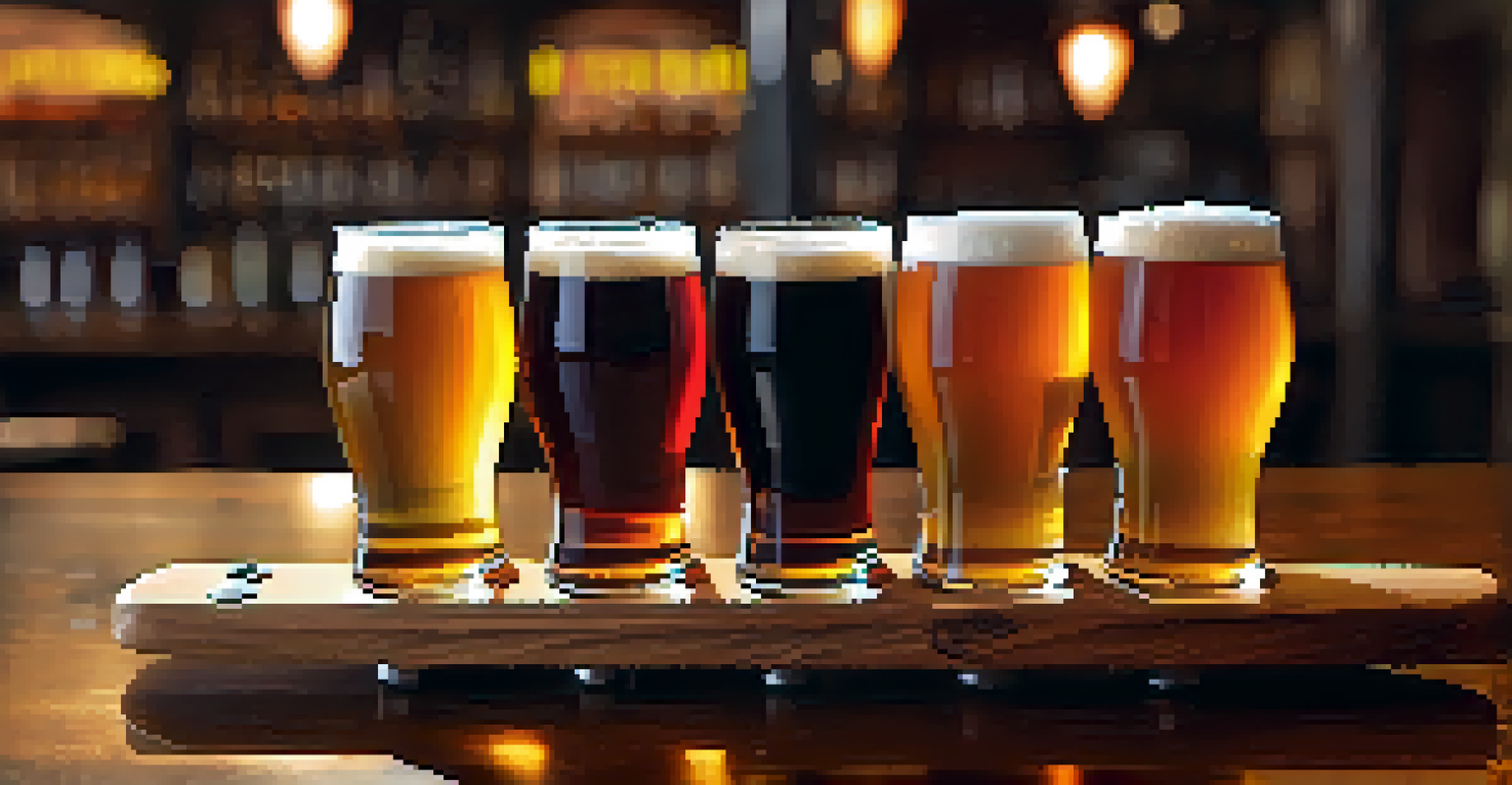 A close-up of a craft beer flight on a wooden paddle, showcasing four different beers in a rustic bar setting.