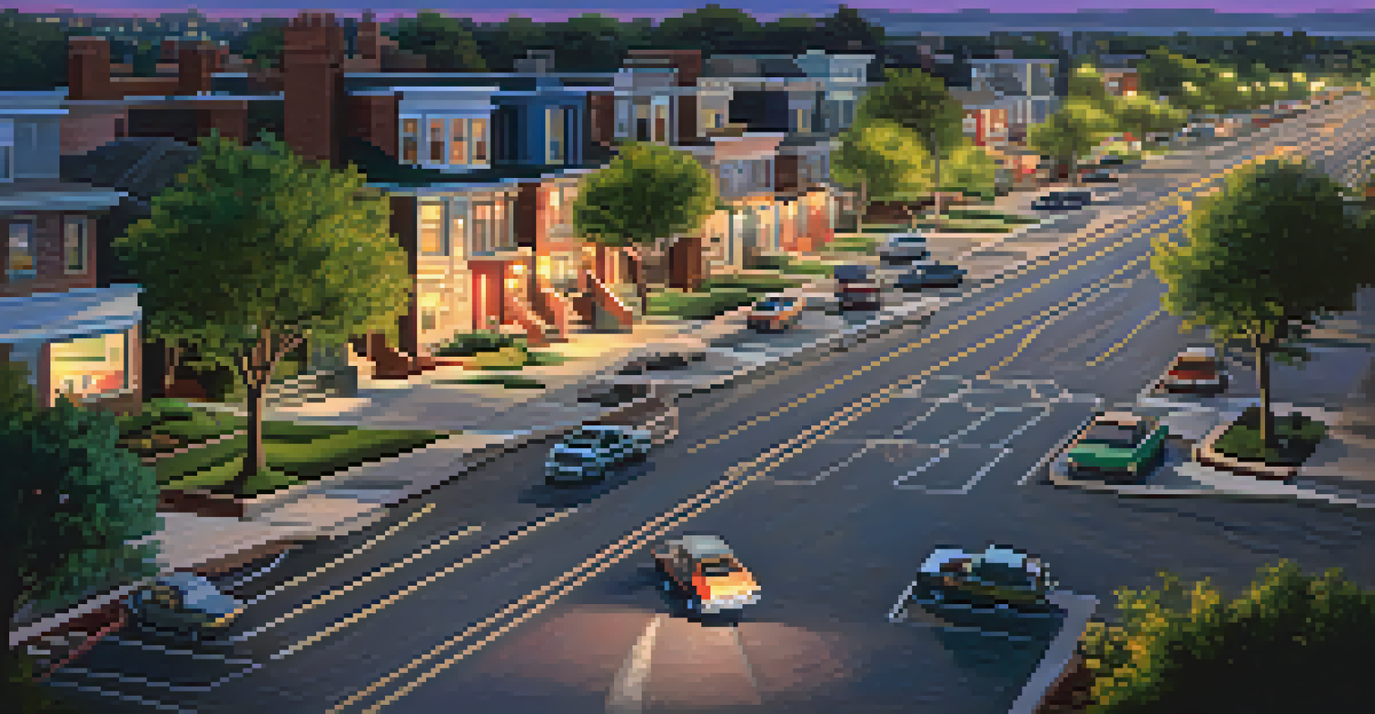 An aerial view of a city at twilight, featuring a coyote exploring a neighborhood with city lights all around.