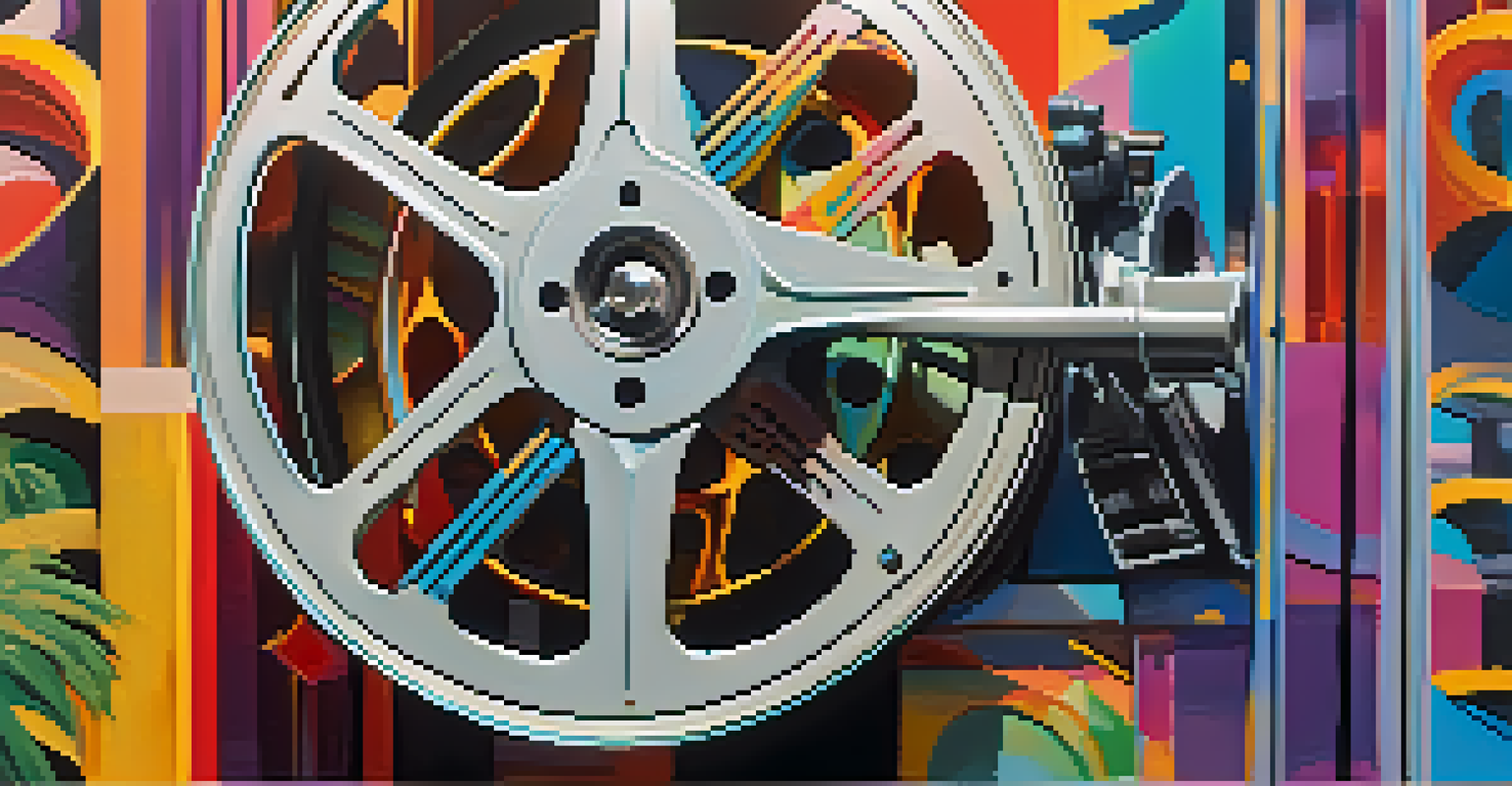A close-up of a vintage film reel with vibrant stills from Technicolor films, showcasing colorful scenes in a montage effect.