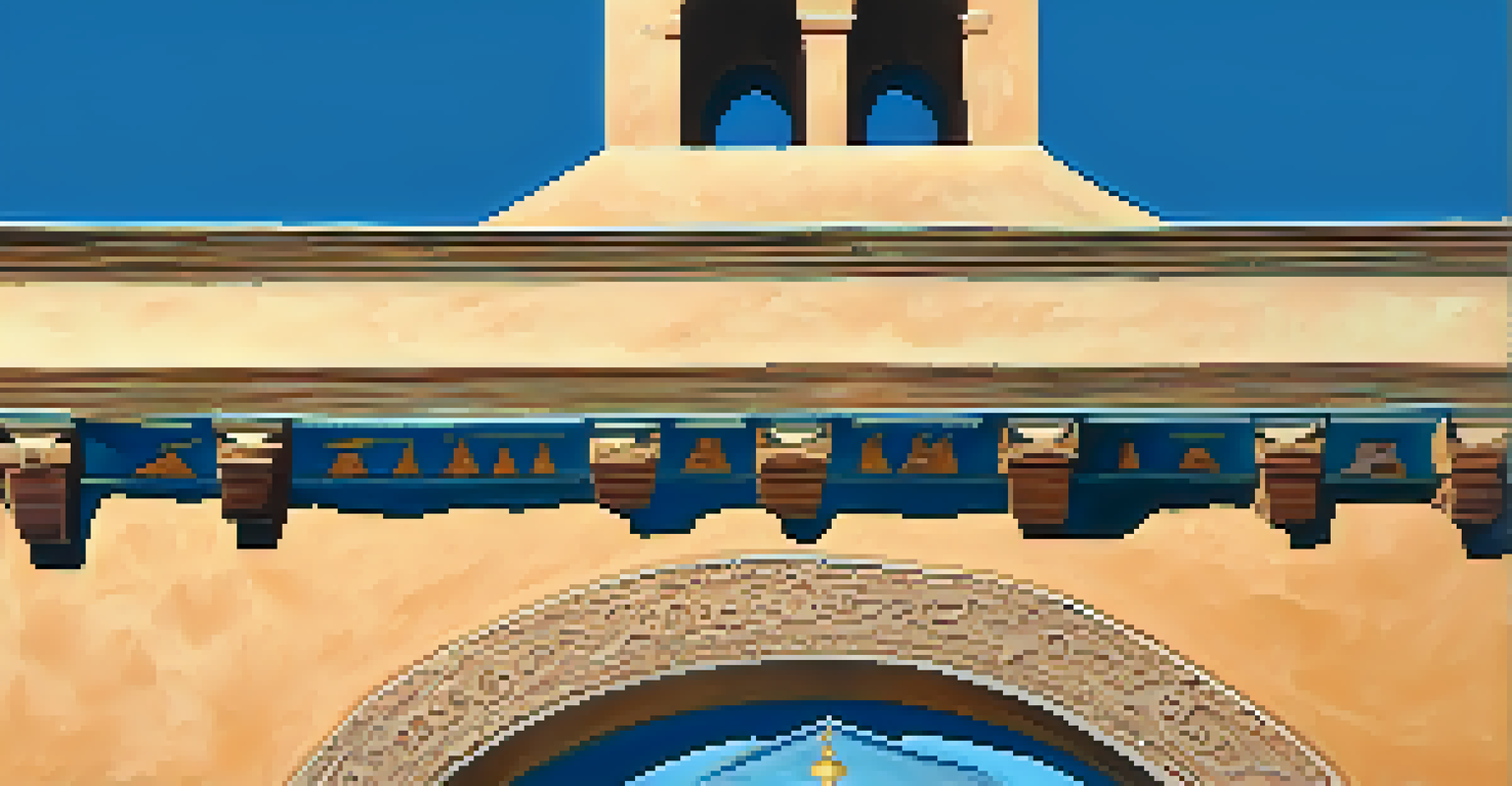 A close-up view of the bell tower at Mission San Diego de Alcalá, showcasing the adobe texture and architectural details against a blue sky.