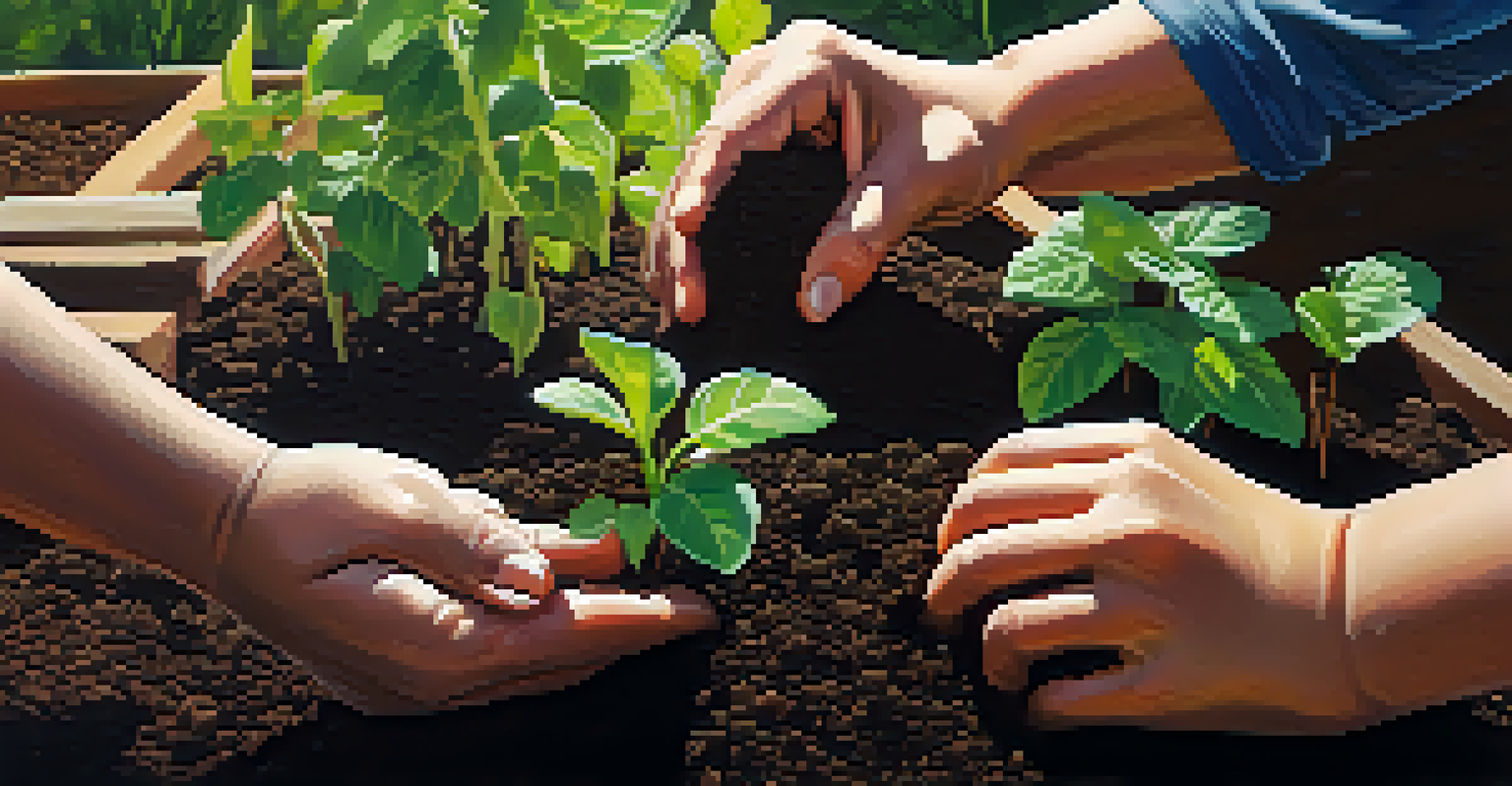 Close-up of hands planting a small tree in a community garden, highlighting environmental health.