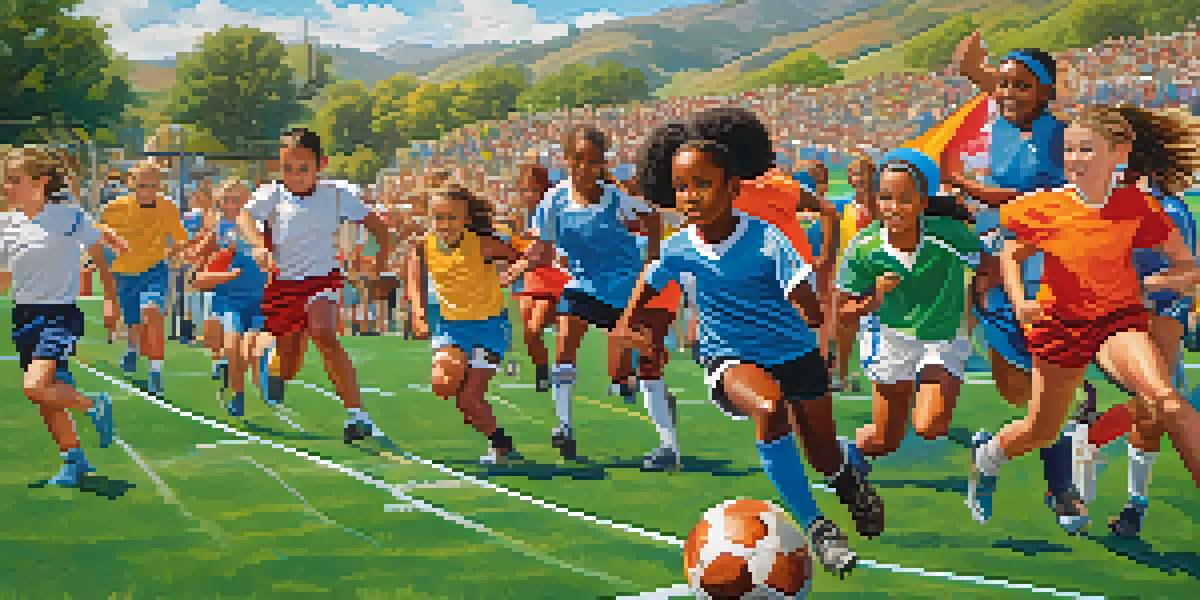 A lively youth sports event in California with diverse young athletes playing soccer, basketball, and track, set against a bright blue sky and green fields.