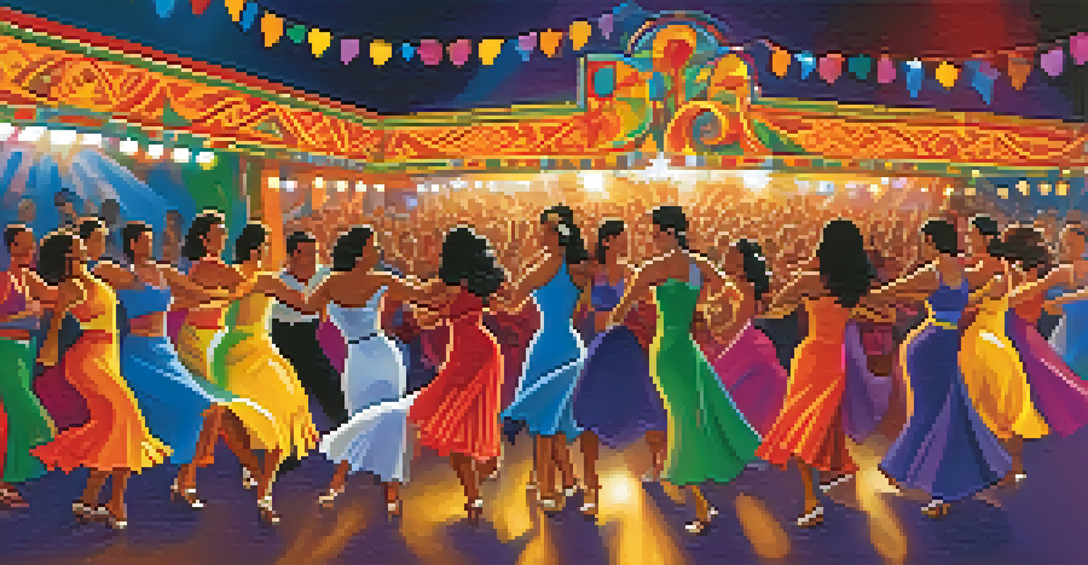 Dancers performing salsa at a Hispanic festival, with colorful costumes and an engaged audience, illuminated by bright stage lights.