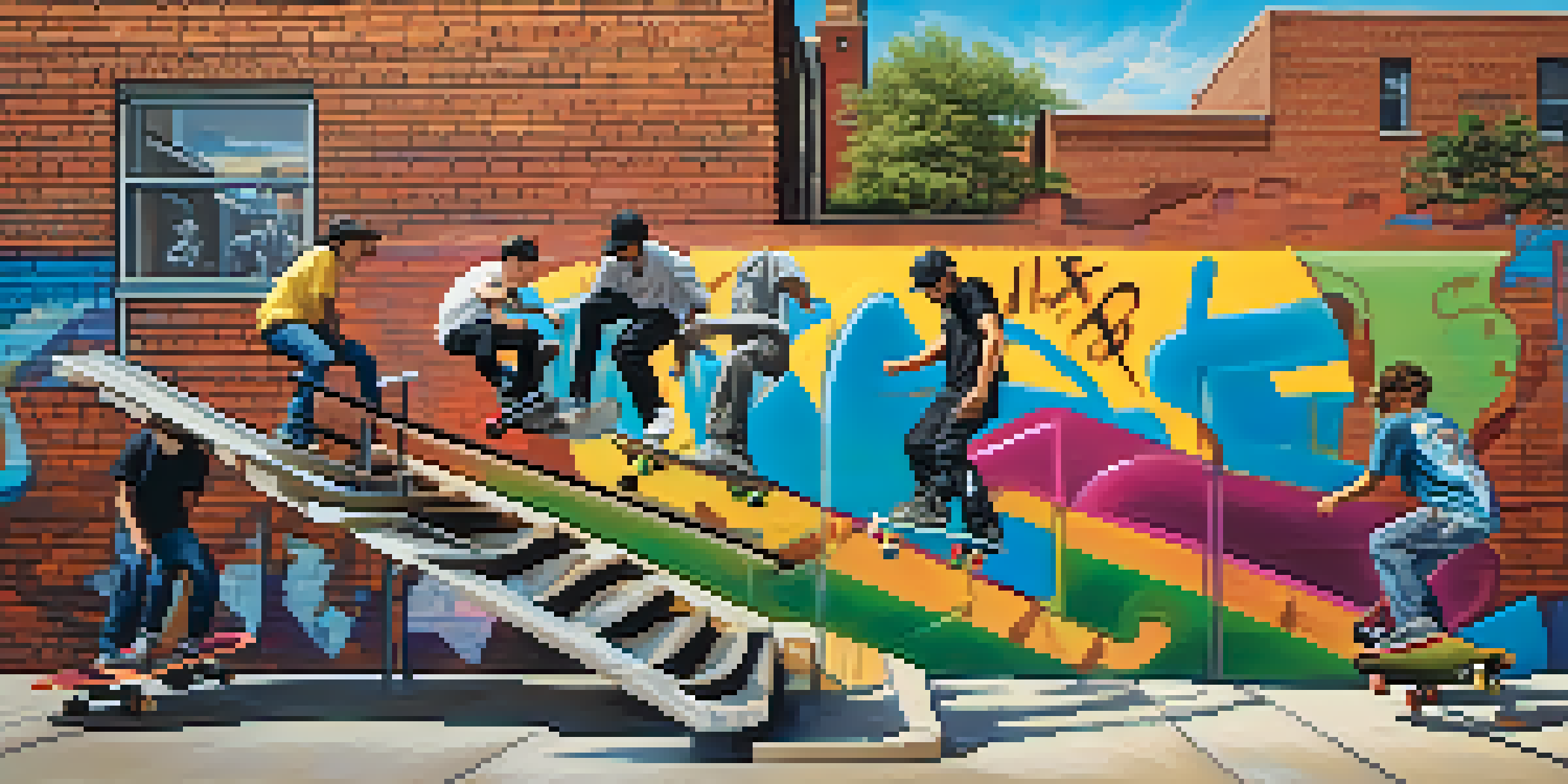 A group of diverse skateboarders performing tricks in an urban environment filled with graffiti.