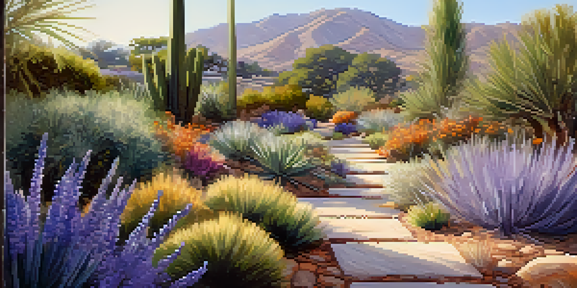 A colorful drought-tolerant garden with native plants and a stone pathway.