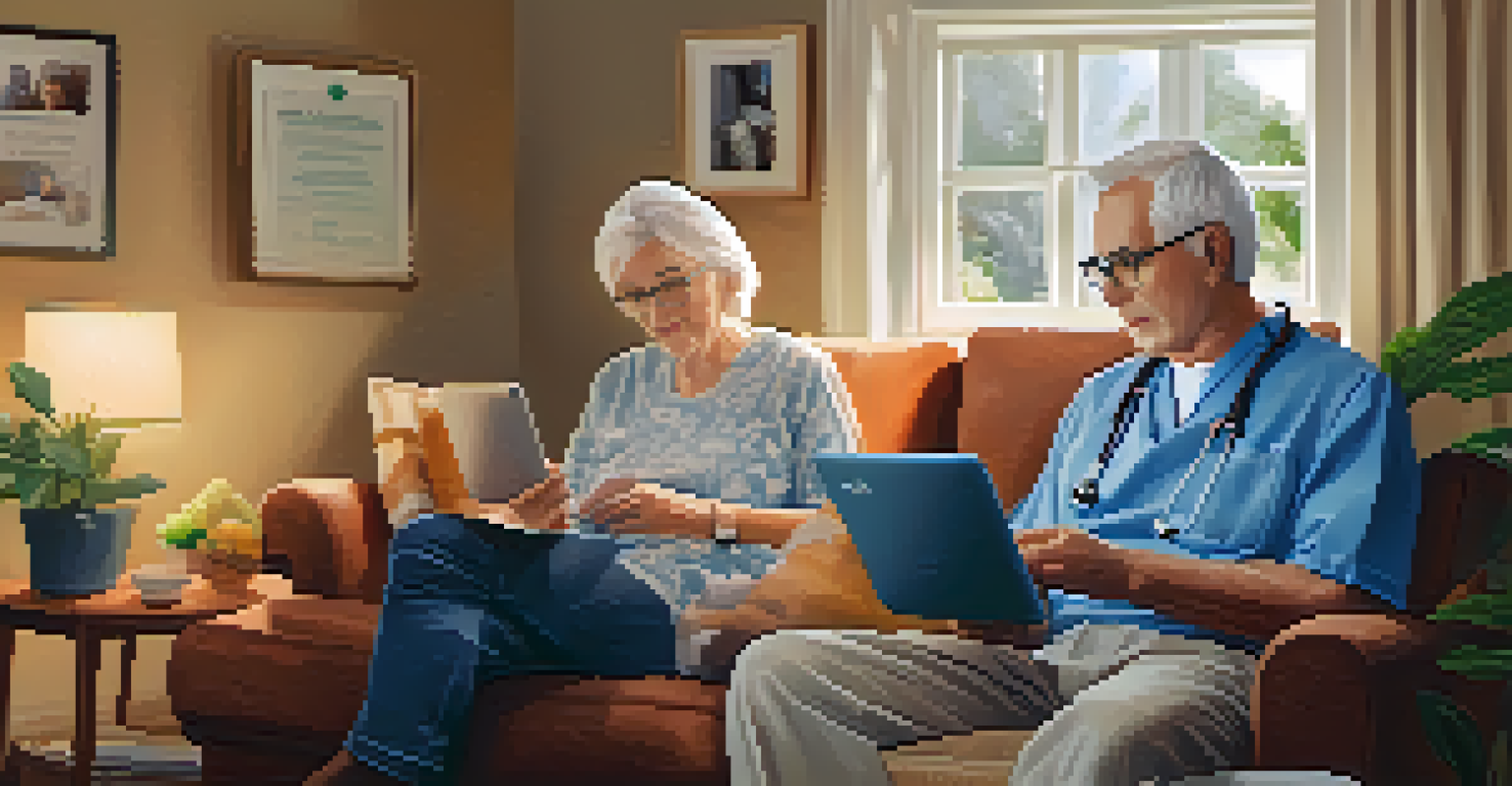 An older adult having a telehealth consultation at home, sitting comfortably with a tablet and a warm atmosphere.