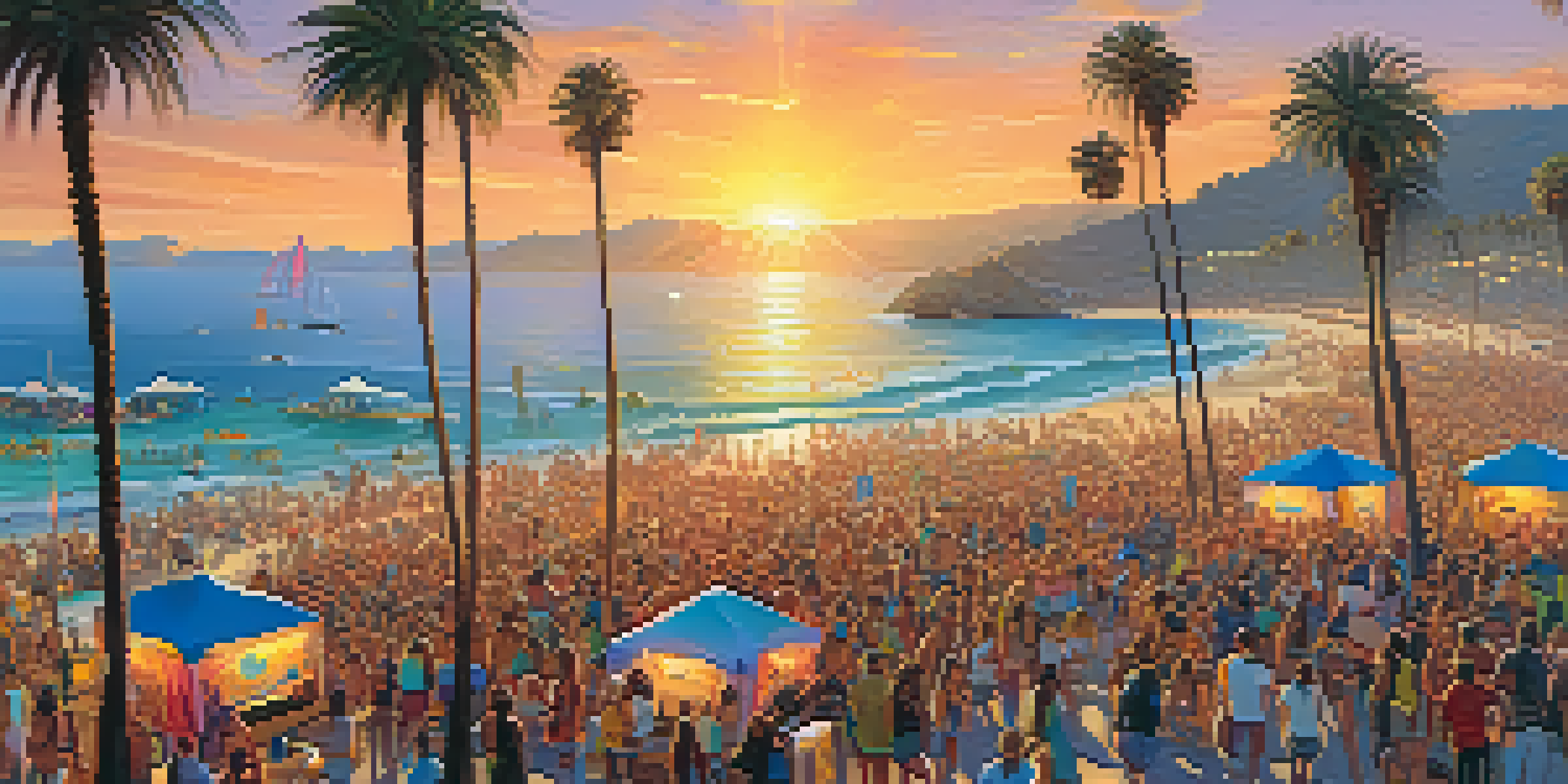 A vibrant beach music festival in California with colorful tents, crowds enjoying live music, and a sunset over the ocean.