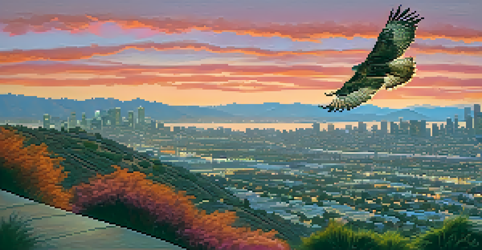 A sunset view of a California cityscape with a Red-tailed Hawk flying above, showcasing the blend of urban and natural environments.